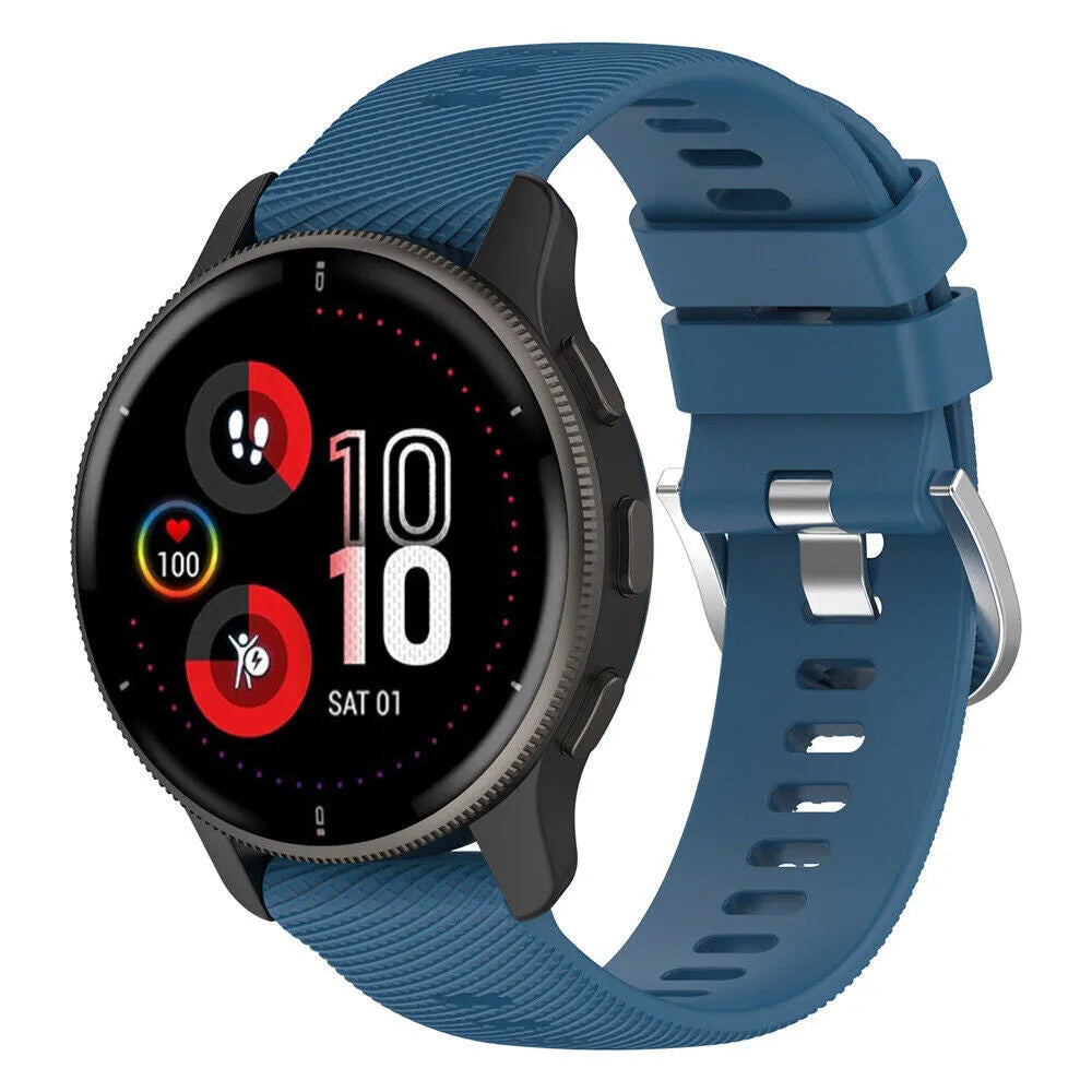 Silicone Strap, blue, on a watch, 3/4 front view