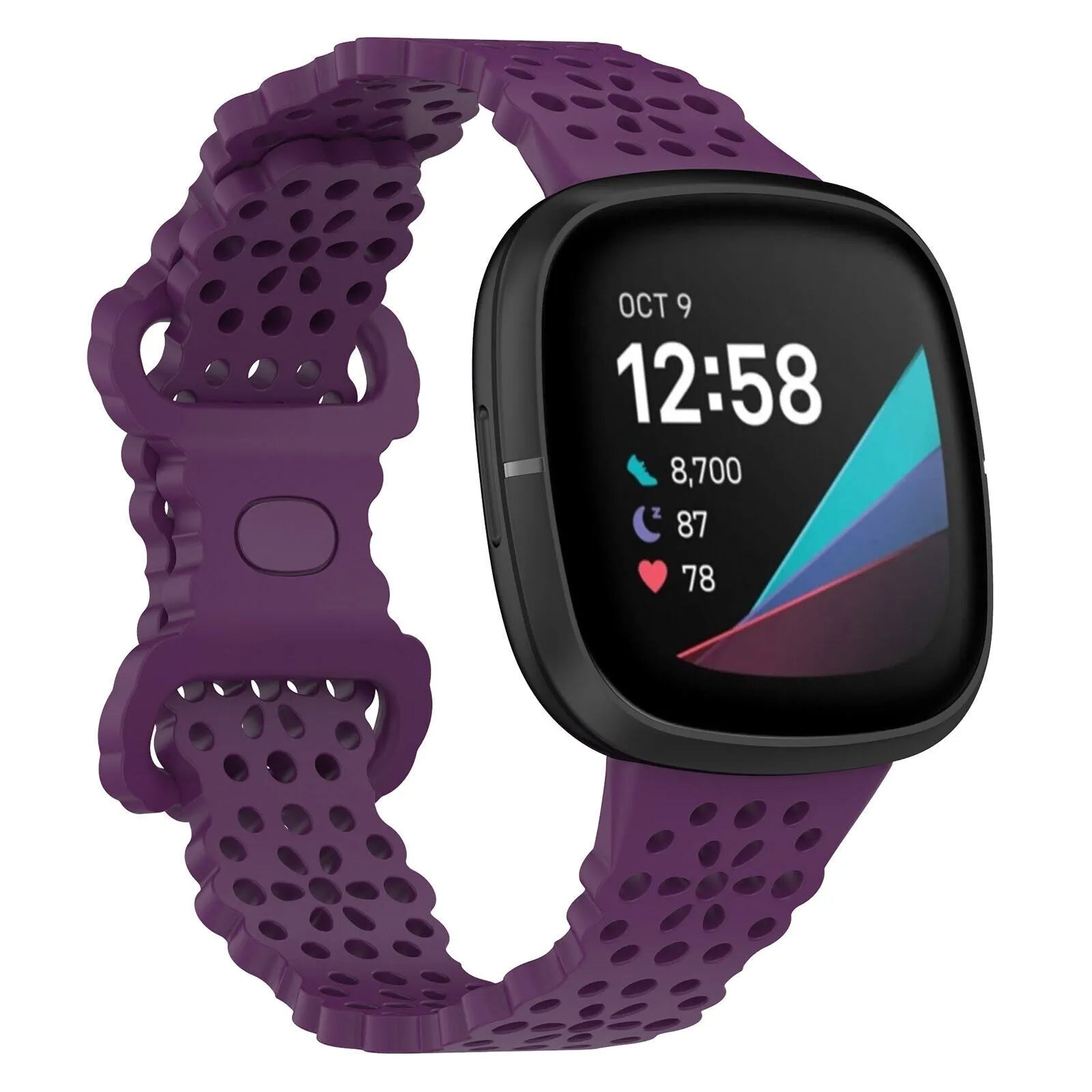 Patterned Silicone Strap, purple, on a watch, 3/4 front view