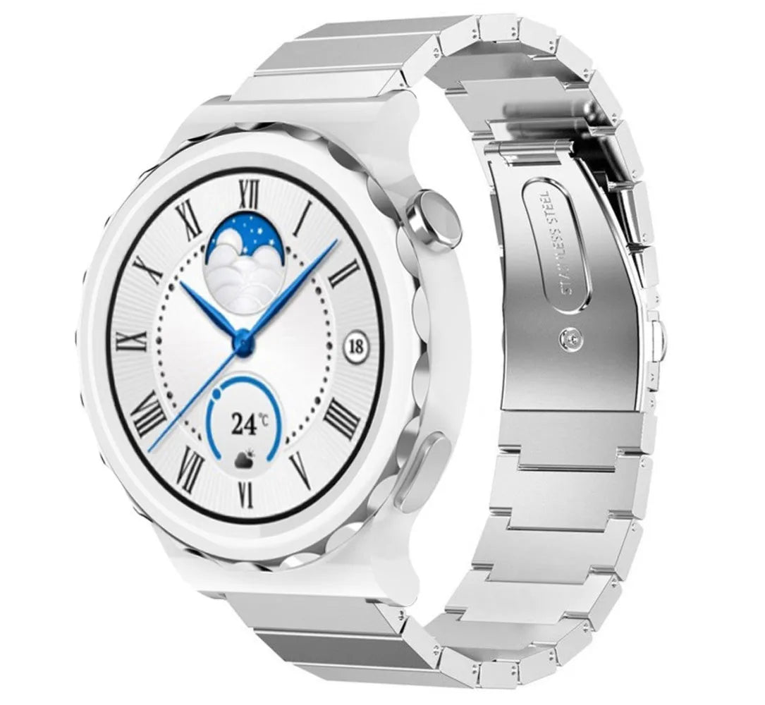 Premium Metal Strap, silver, on a watch, 3/4 front view