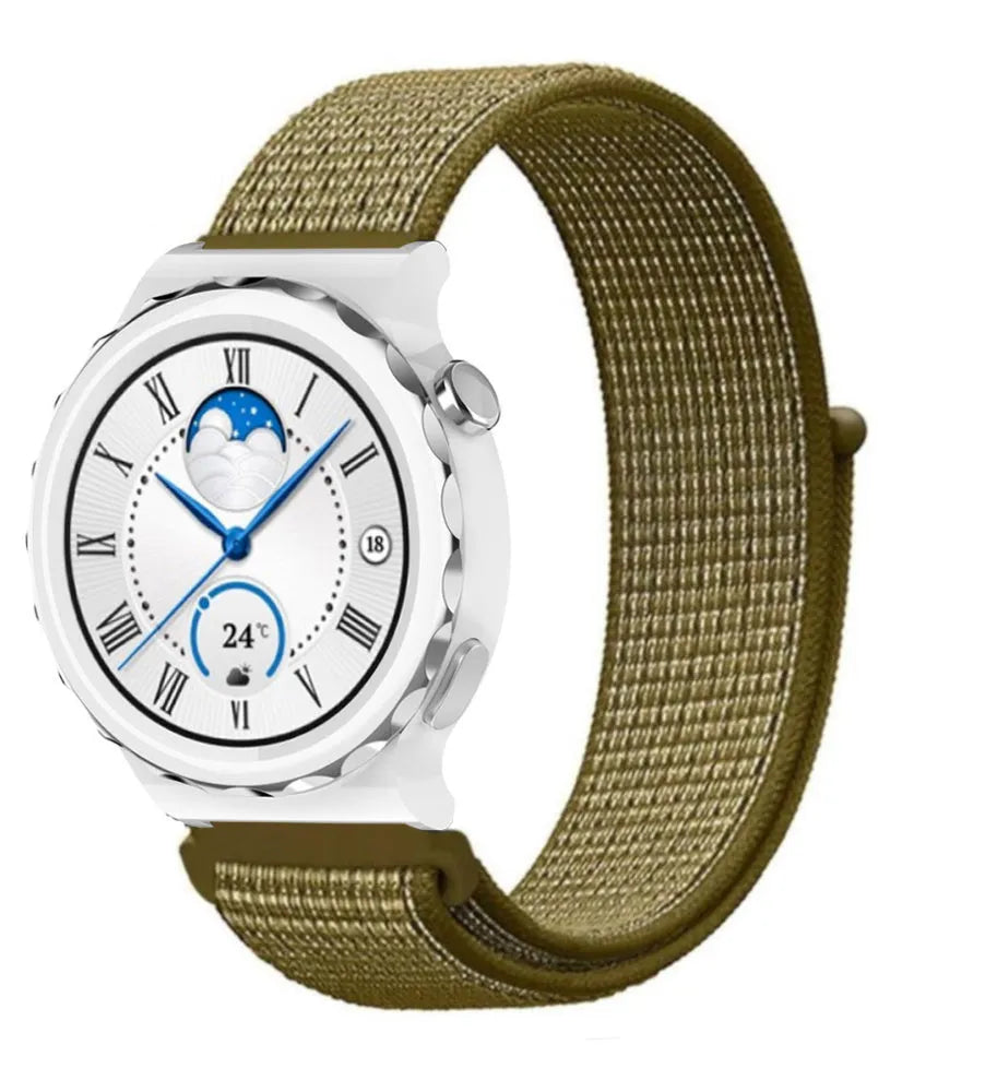 Nylon Strap, olive, on a watch, 3/4 front view