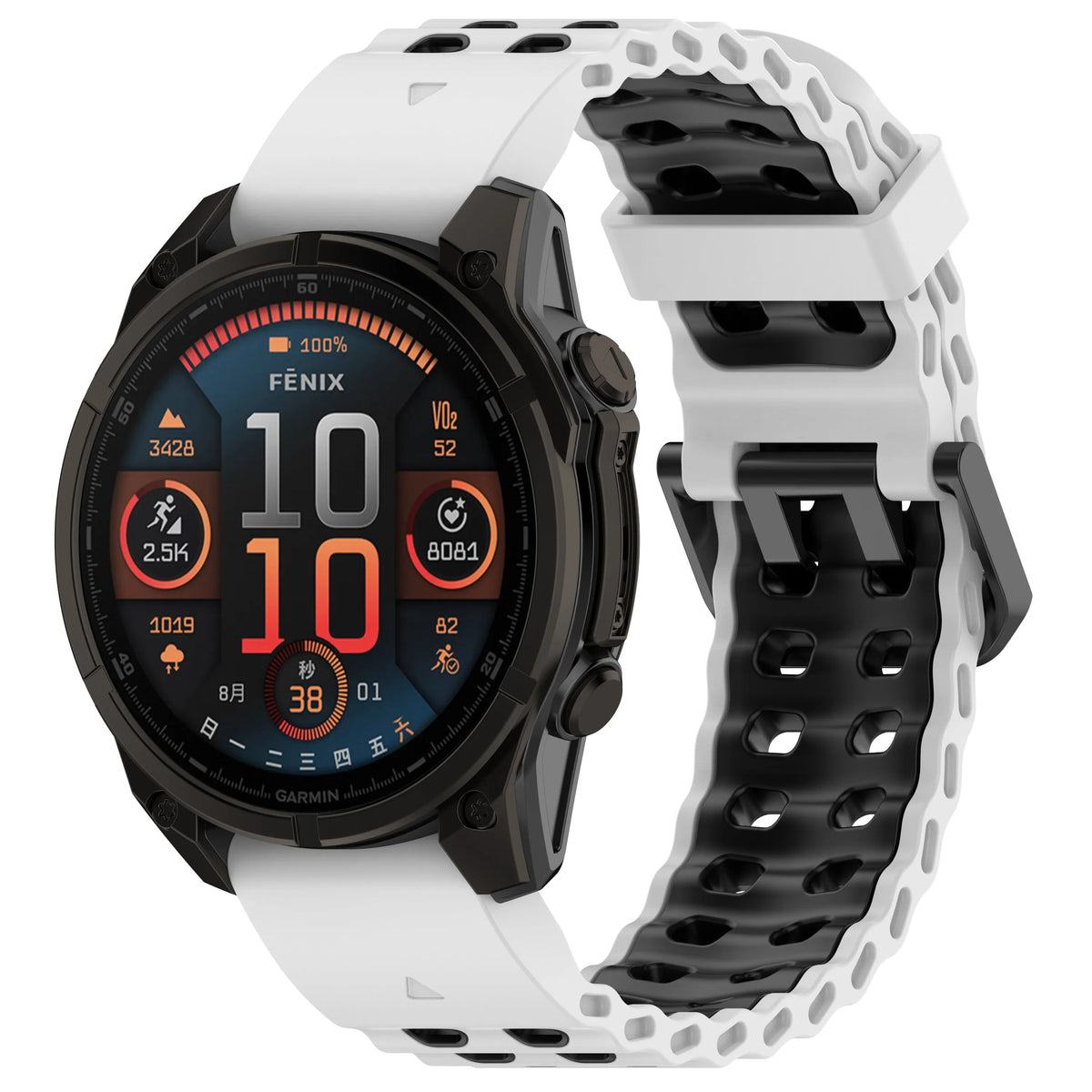 Silicone Wave Sport Strap, white/black, on a watch, 3/4 front view