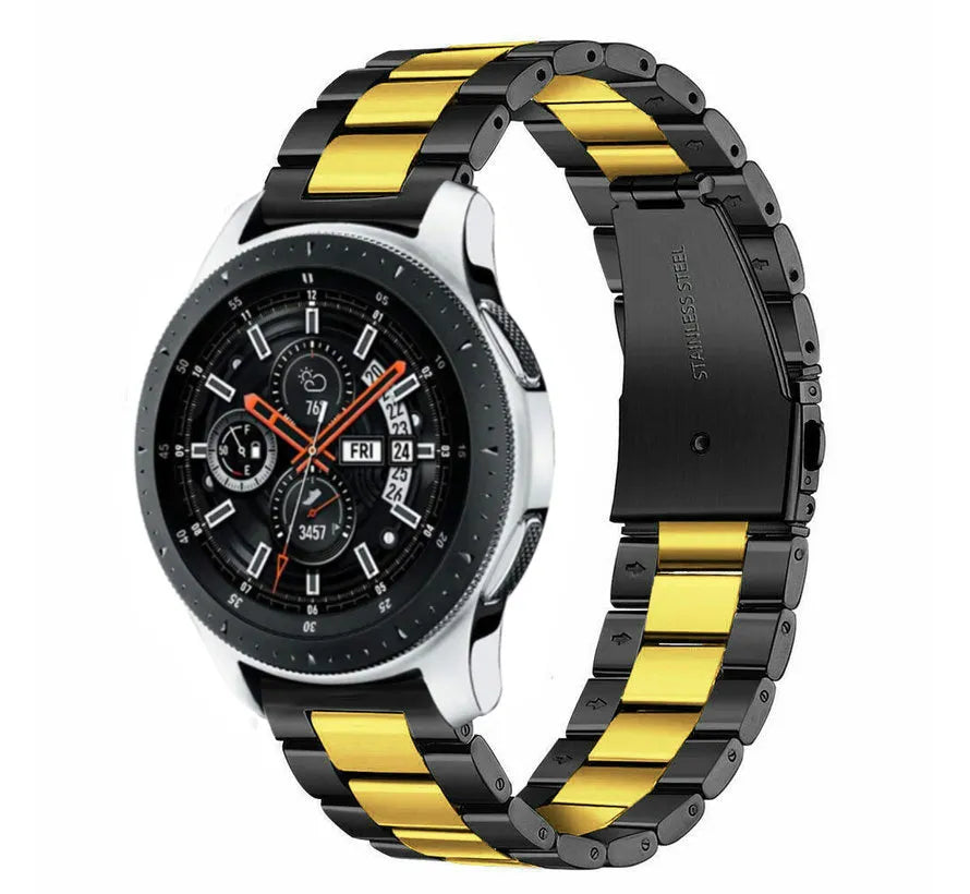 Steel Strap, black/gold, on a watch, 3/4 front view