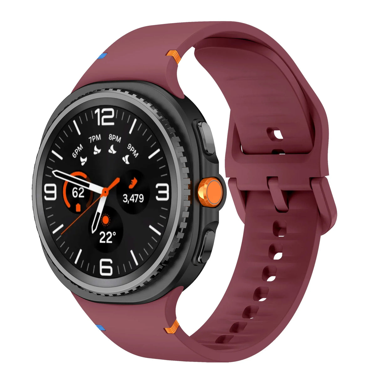 Silicone Strap, wine red, on a watch, 3/4 front view