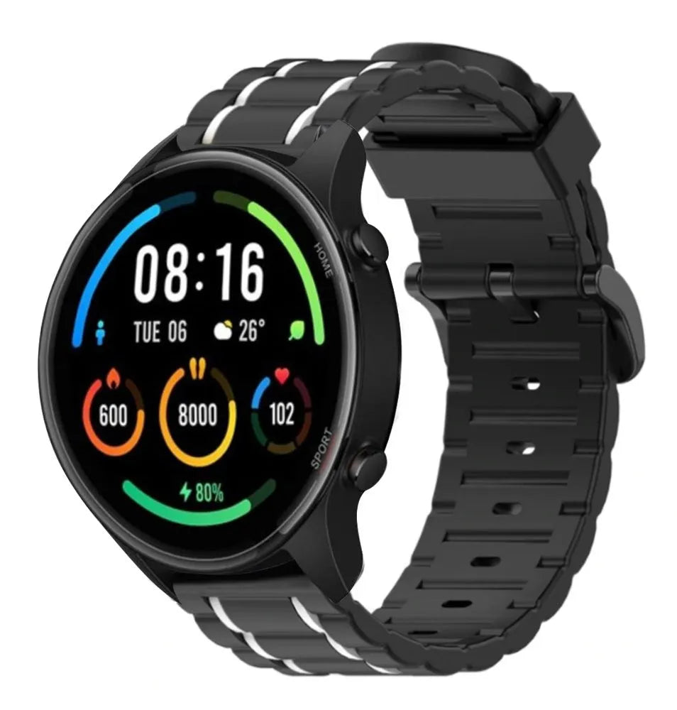 Silicone Sport Strap with Buckle, black/white, on a watch, 3/4 front view