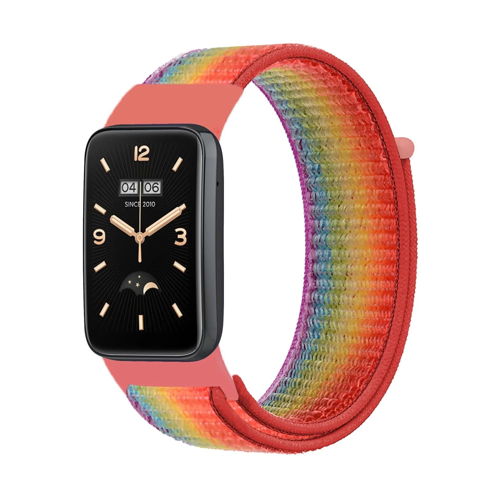 Nylon Strap, rainbow, on a watch, 3/4 front view