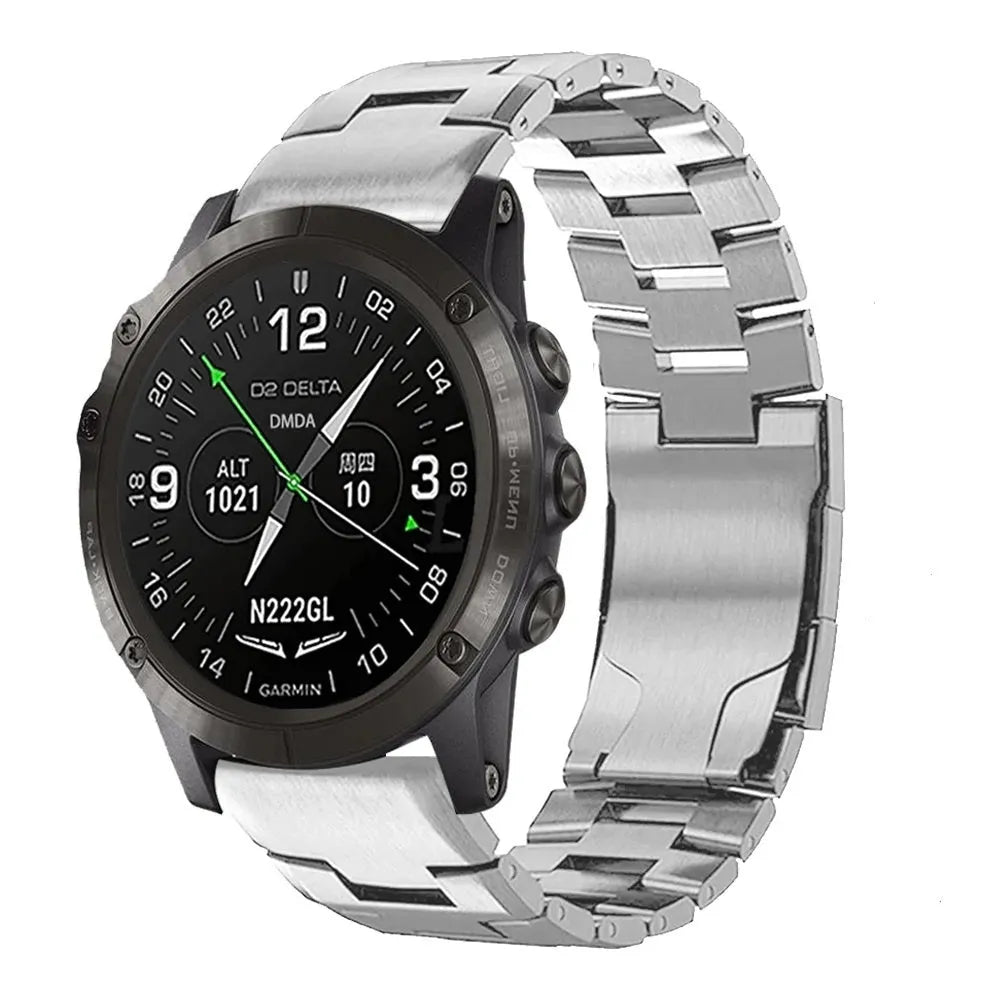 Titanium Strap, silver, on a watch, 3/4 front view