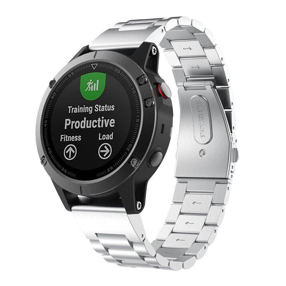 Steel Strap, silver, on a watch, 3/4 front view