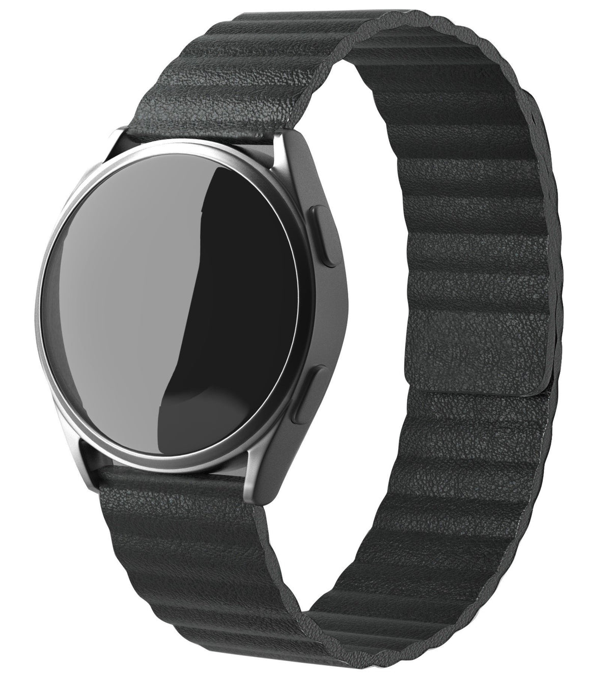 Leather Loop Strap, black, on a watch, 3/4 front view