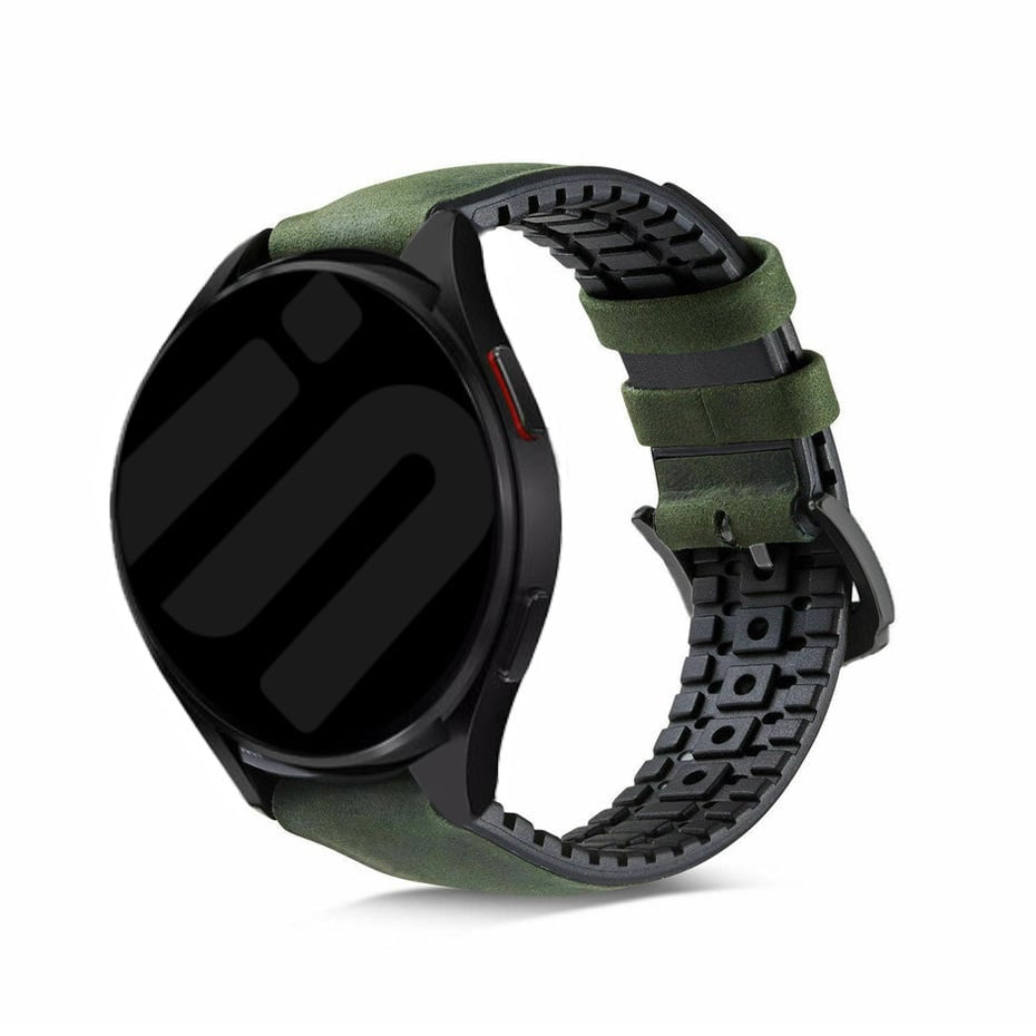 Leather Hybrid Strap, green, on a watch, 3/4 front view