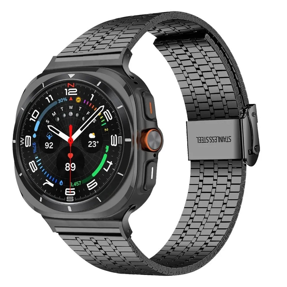 Stainless Steel Strap, black, on a watch, 3/4 front view