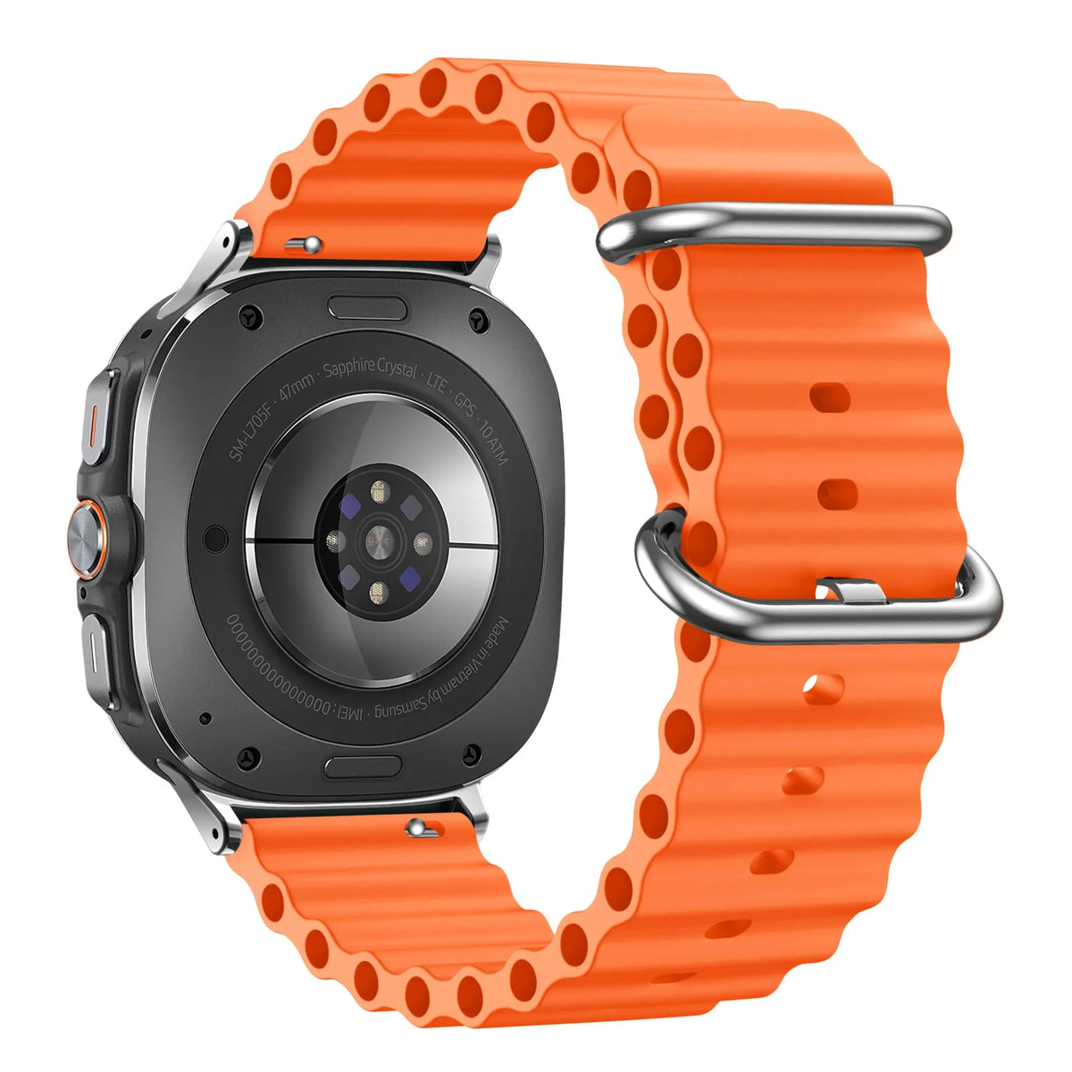 Silicone Ocean Strap 'Classic', orange, on a watch, 3/4 rear view