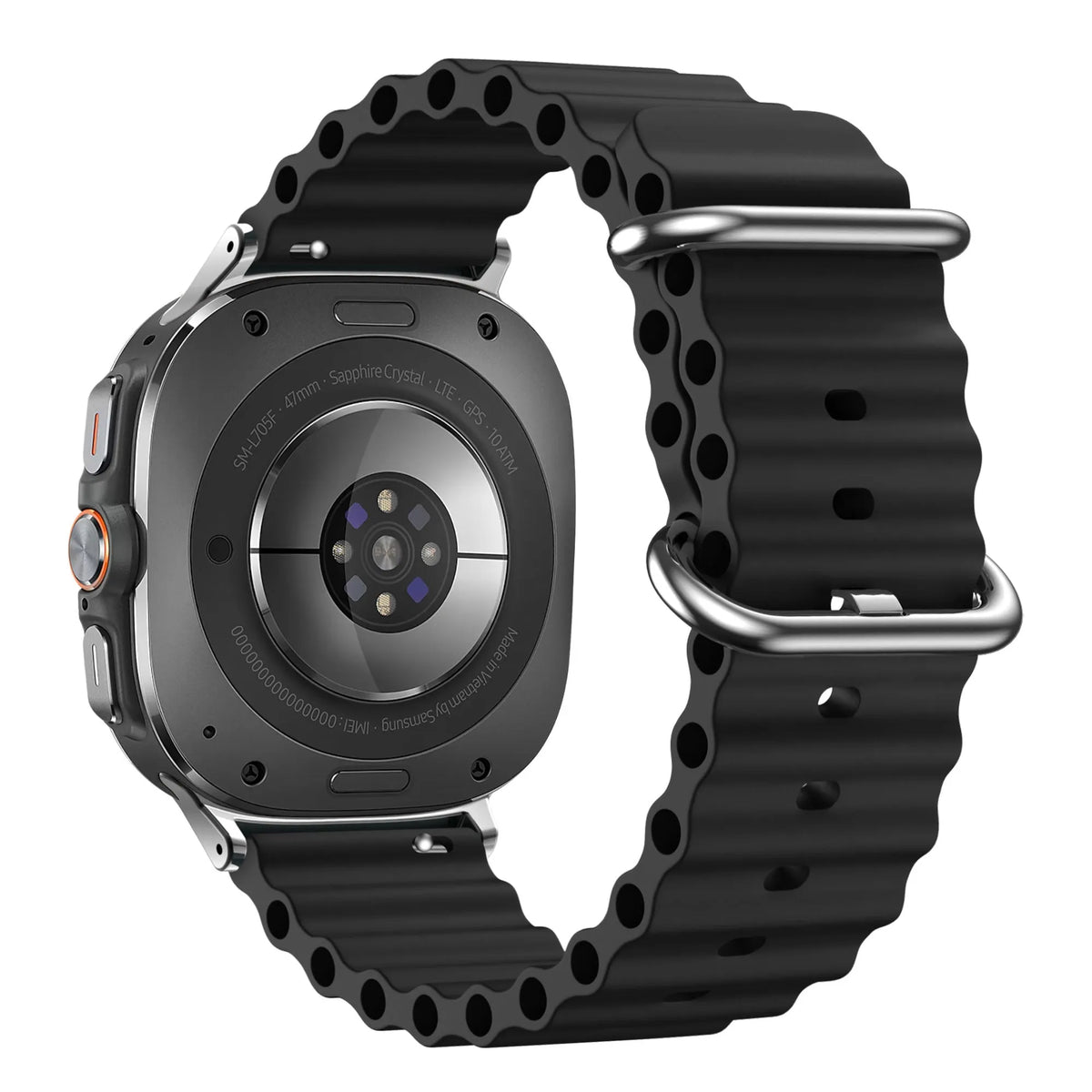Silicone Ocean Strap 'Classic', black, on a watch, 3/4 rear view