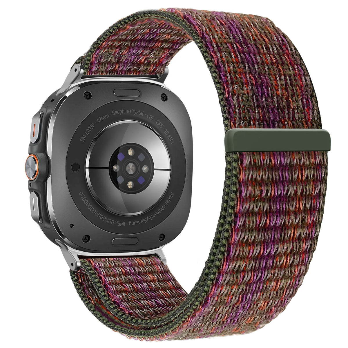 Nylon Loop Strap, green mix, on a watch, 3/4 rear view
