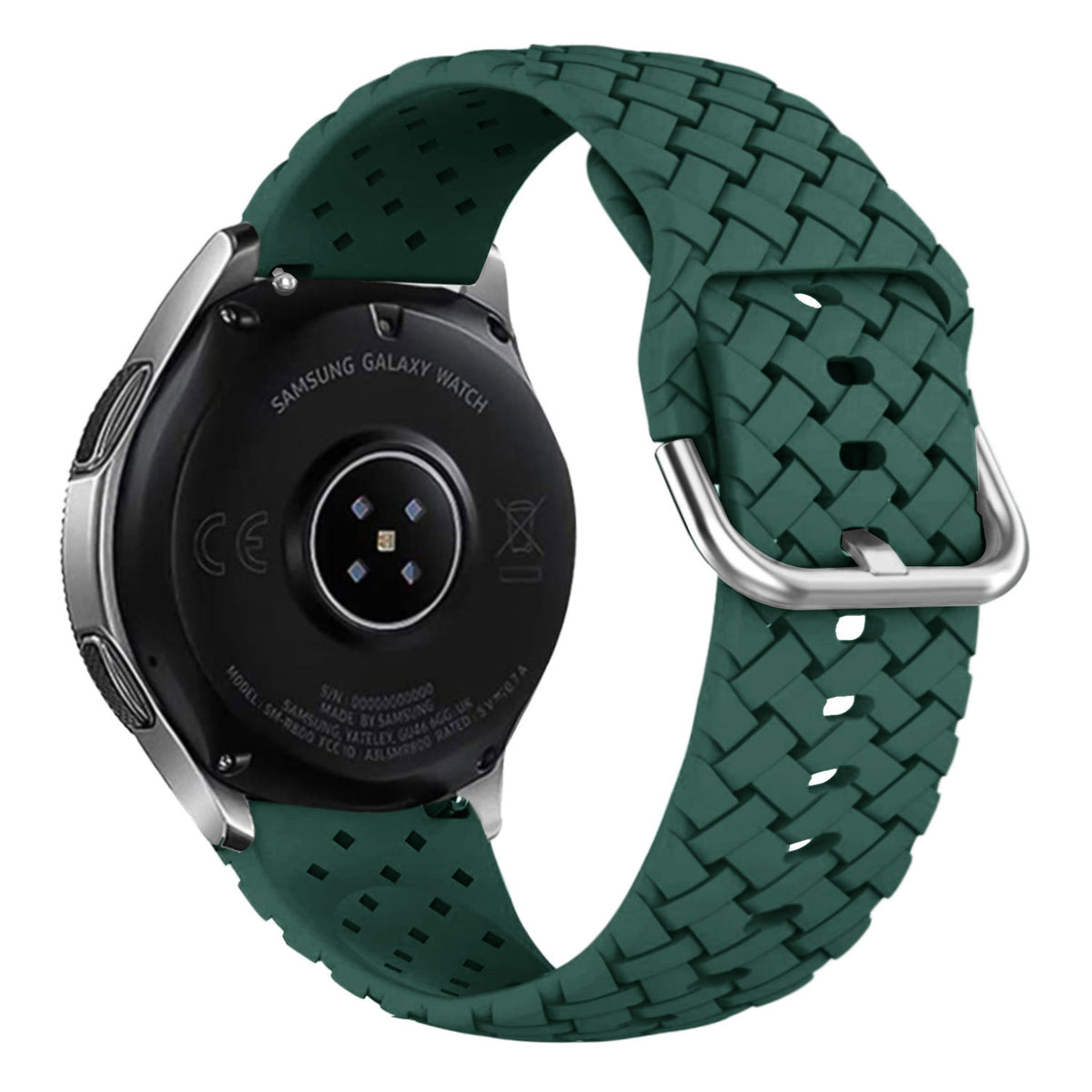 Braided Silicone Strap, dark green, on a watch, 3/4 rear view