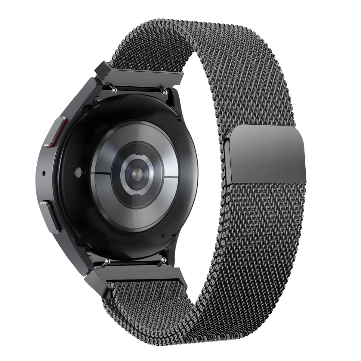 Milanese Loop Strap, black, on a watch, 3/4 rear view