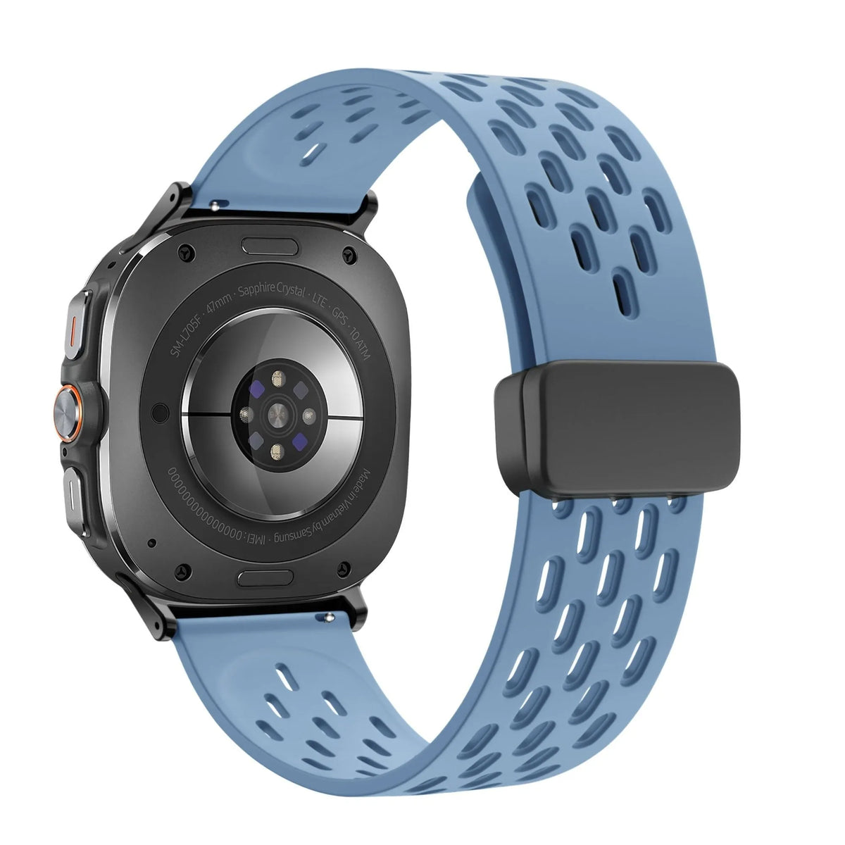 Silicone D-Buckle Sport Strap 'Air', grey-blue, on a watch, 3/4 rear view