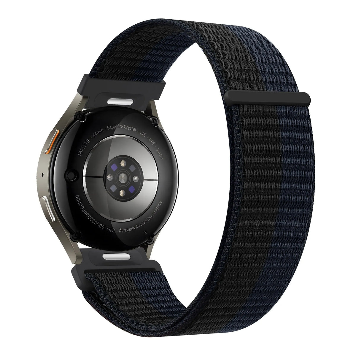 Nylon Strap 'Easy Fit', black/blue, on a watch, 3/4 rear view