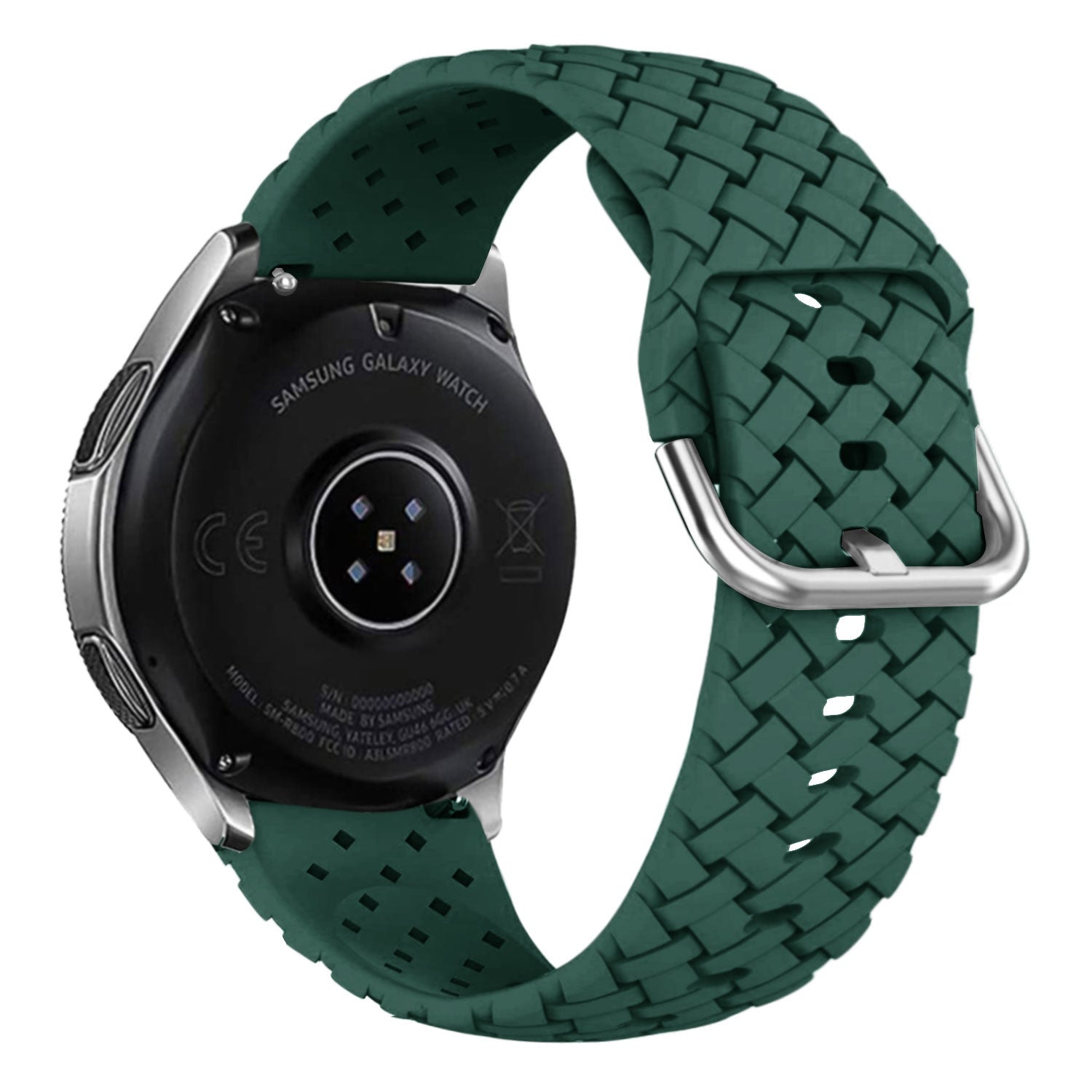 Braided Silicone Strap, dark green, on a watch, 3/4 rear view