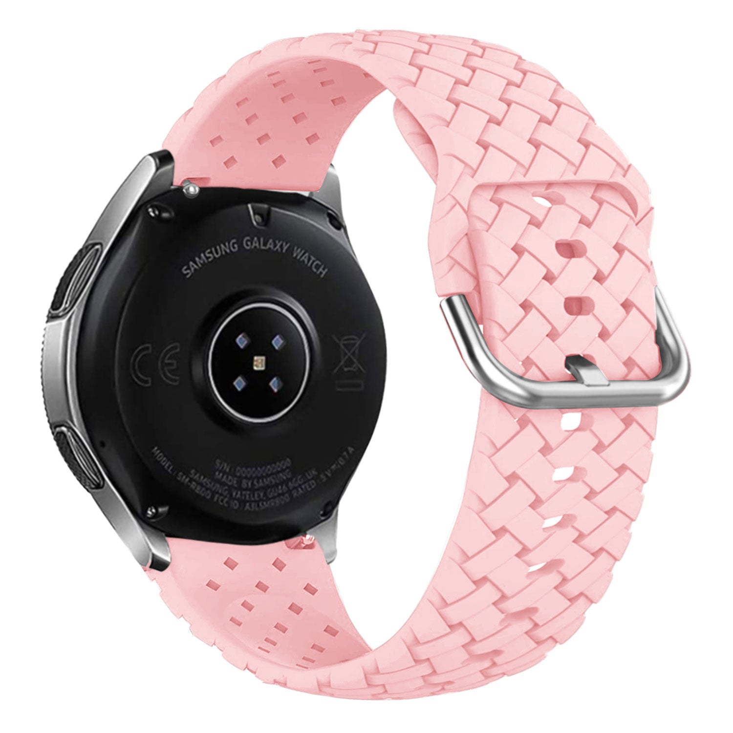 Braided Silicone Strap, pink, on a watch, 3/4 rear view