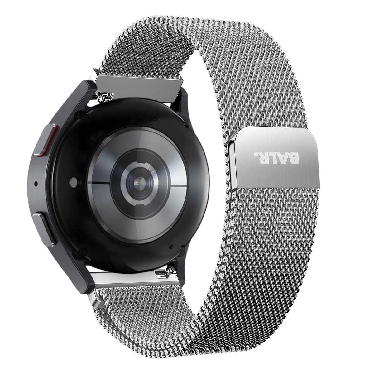 Milanese Strap, silver, on a watch, 3/4 rear view