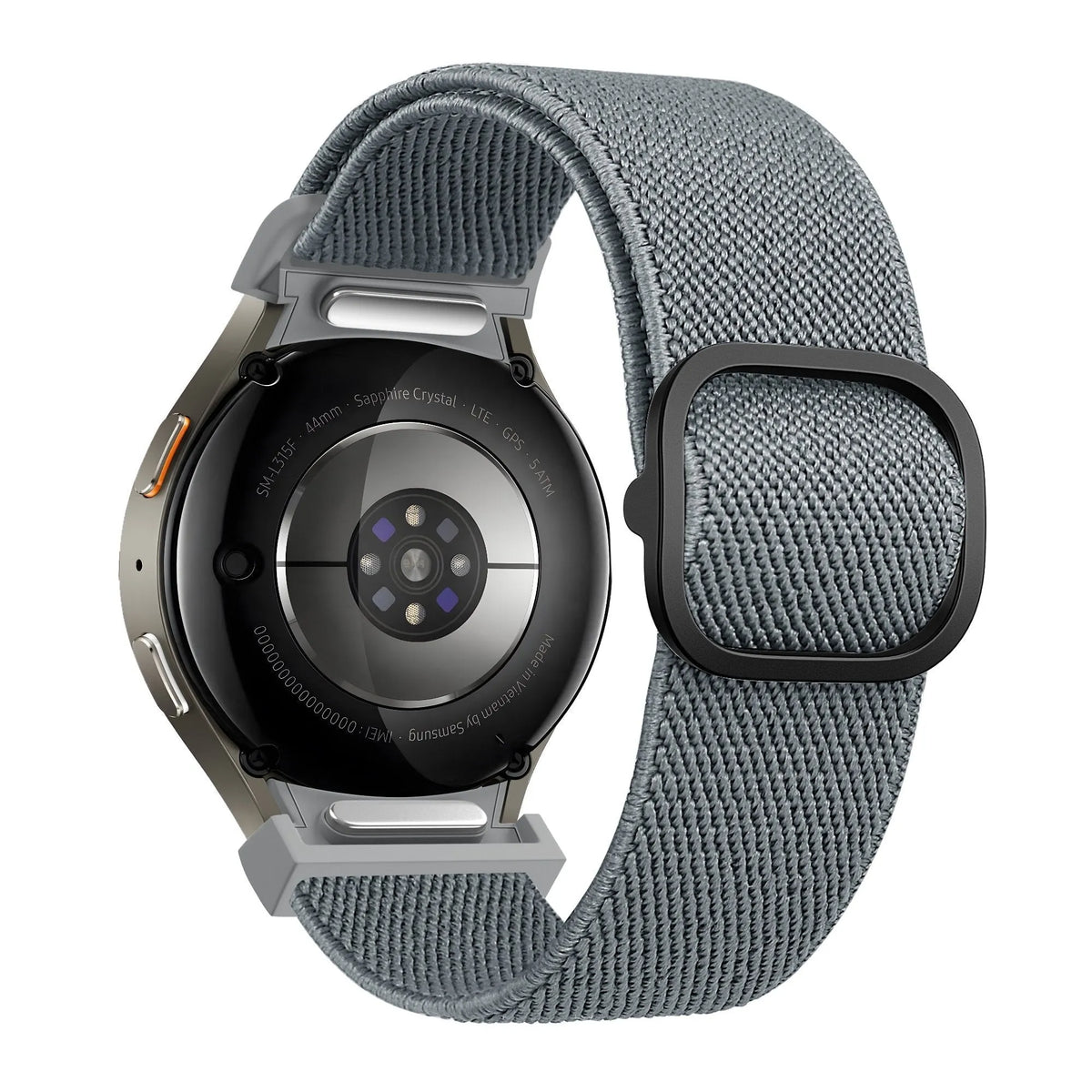 Nylon Elastic Strap 'Easy Fit', grey-blue, on a watch, 3/4 rear view