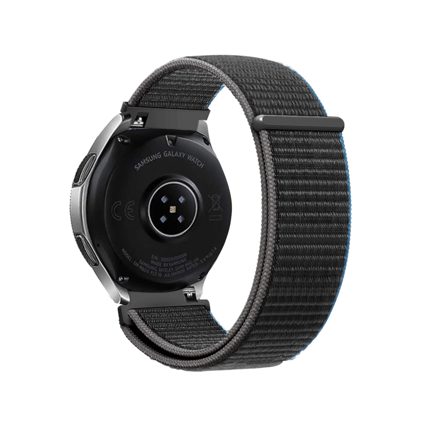 Nylon Strap, charcoal, on a watch, 3/4 rear view