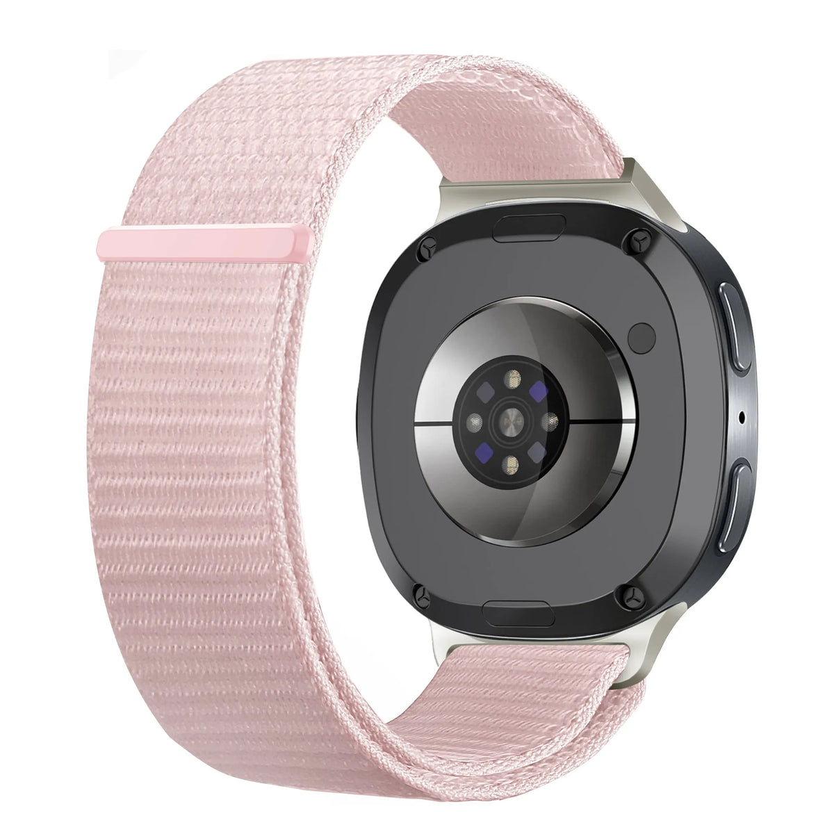 Nylon Strap, light pink, on a watch, 3/4 rear view