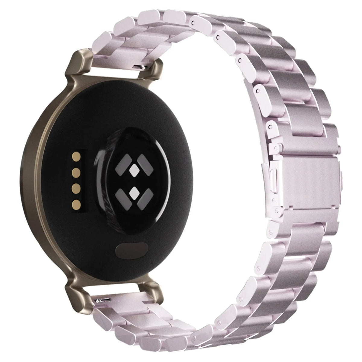 Steel Strap, pink, on a watch, 3/4 rear view