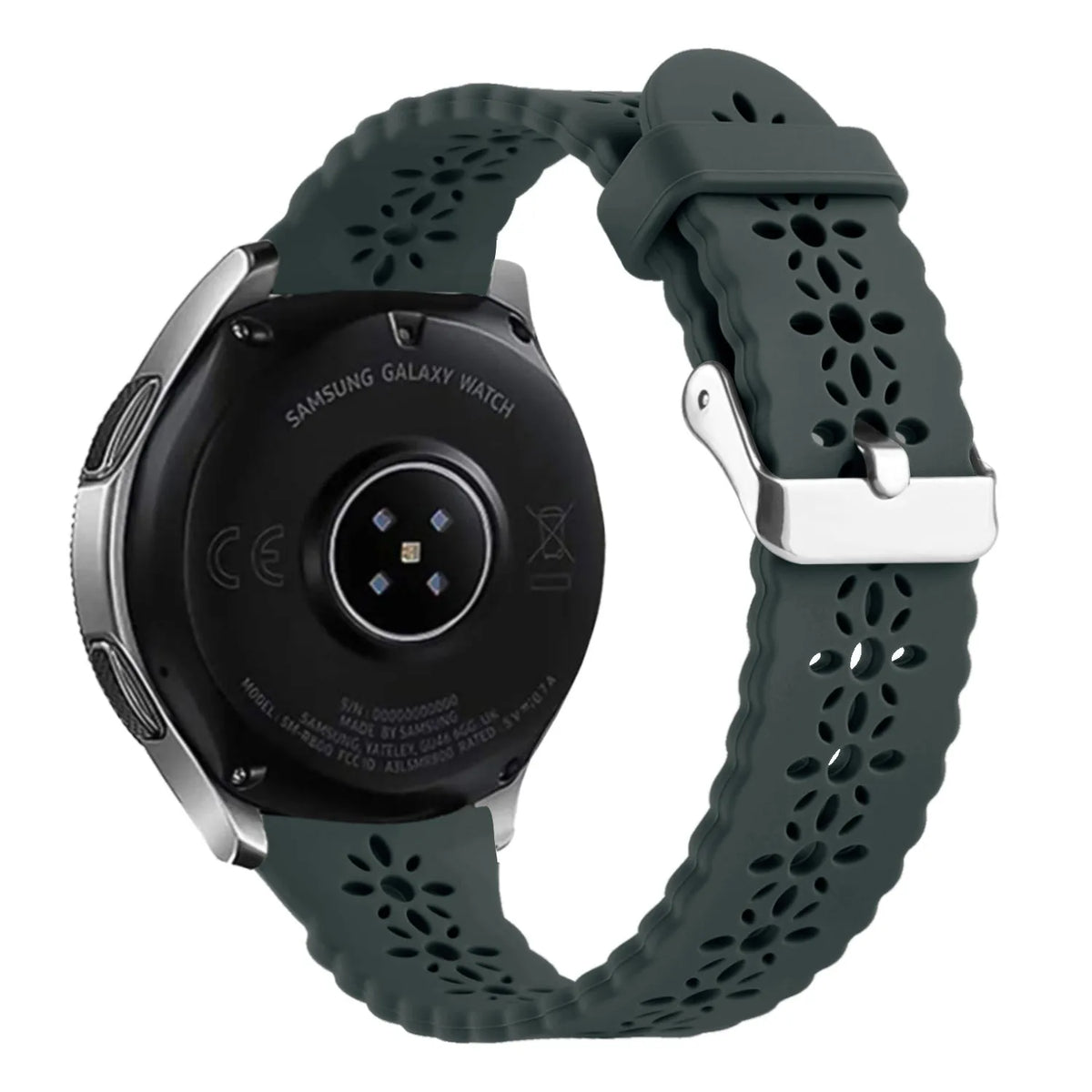 Patterned Silicone Strap, viridian, on a watch, 3/4 rear view
