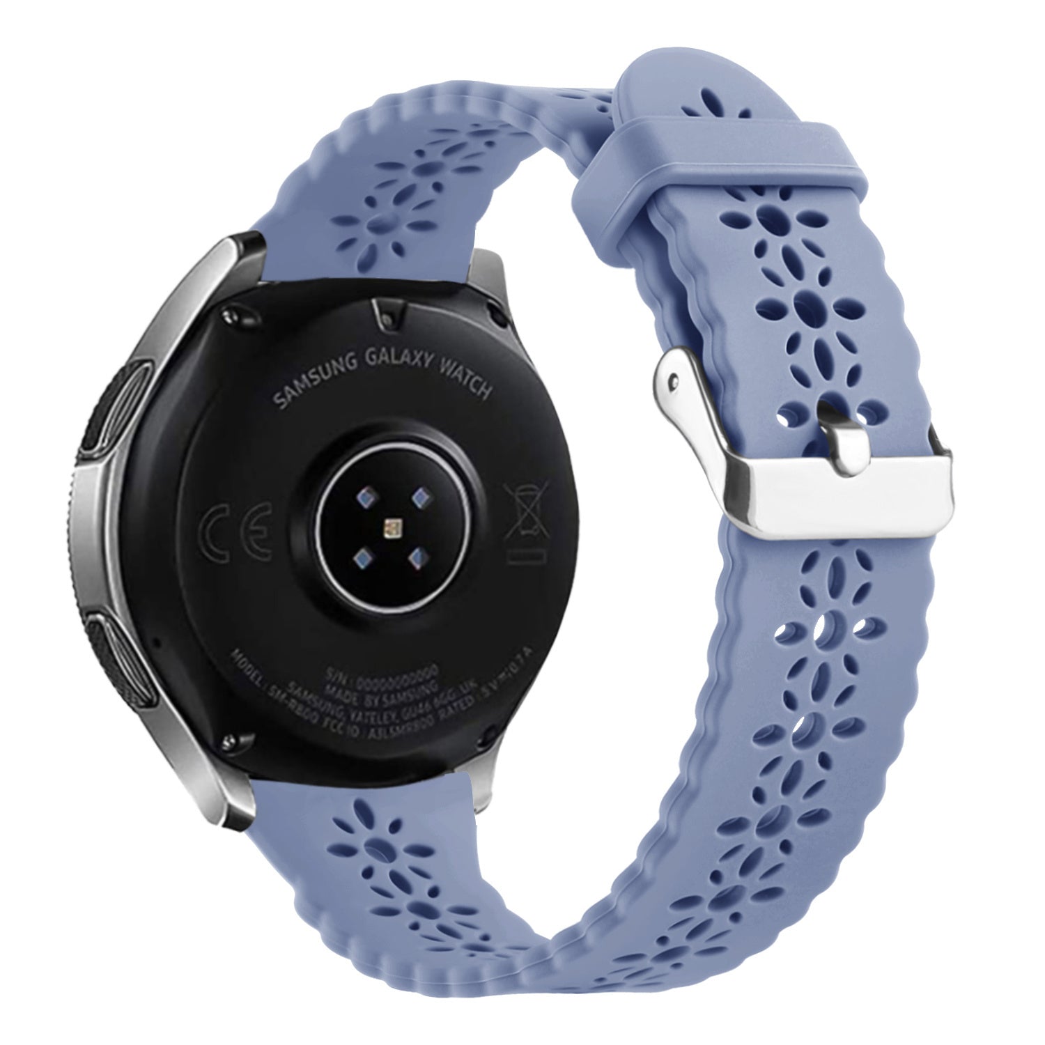 Patterned Silicone Strap, lavender grey, on a watch, 3/4 rear view
