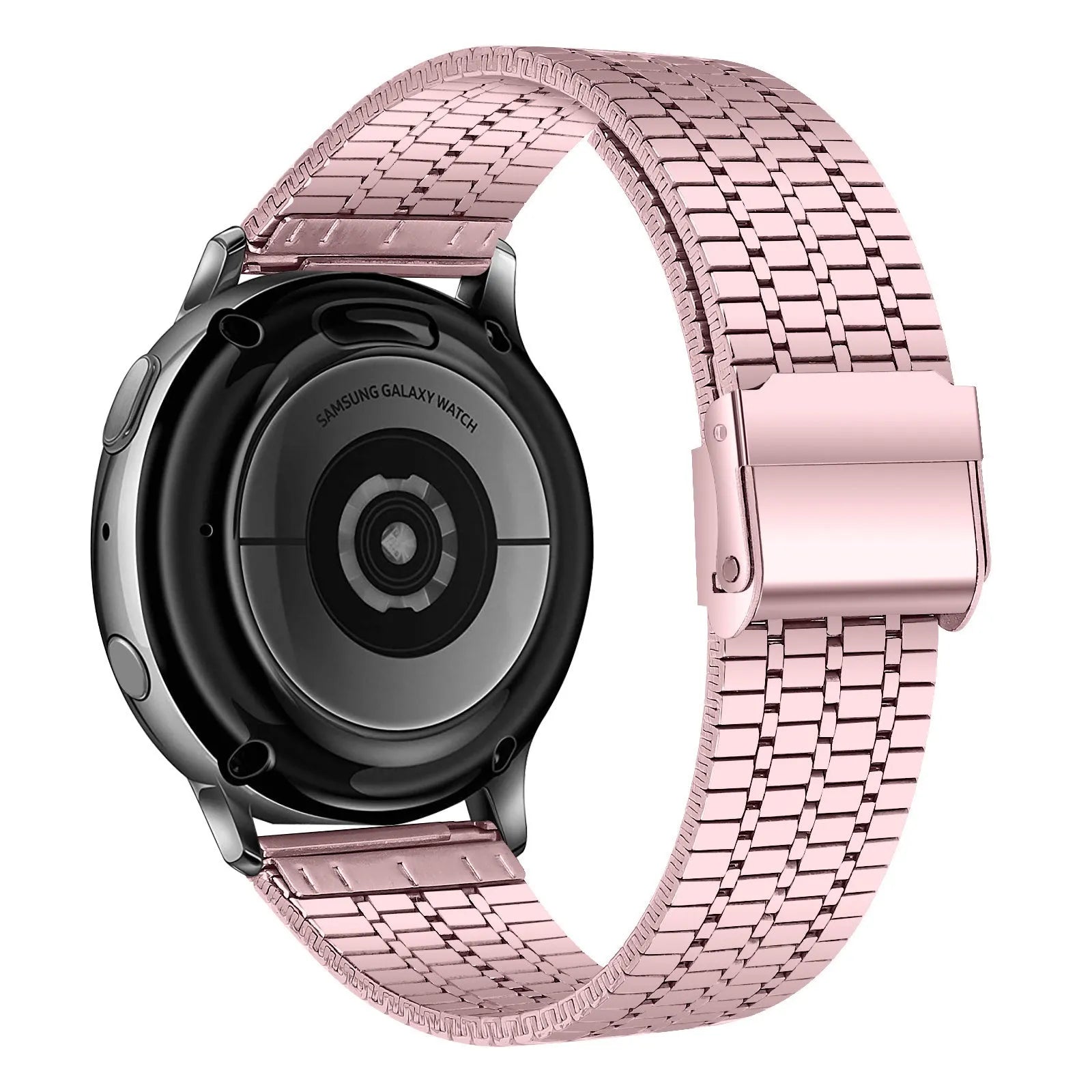 Fine Steel Strap, pink, on a watch, 3/4 rear view