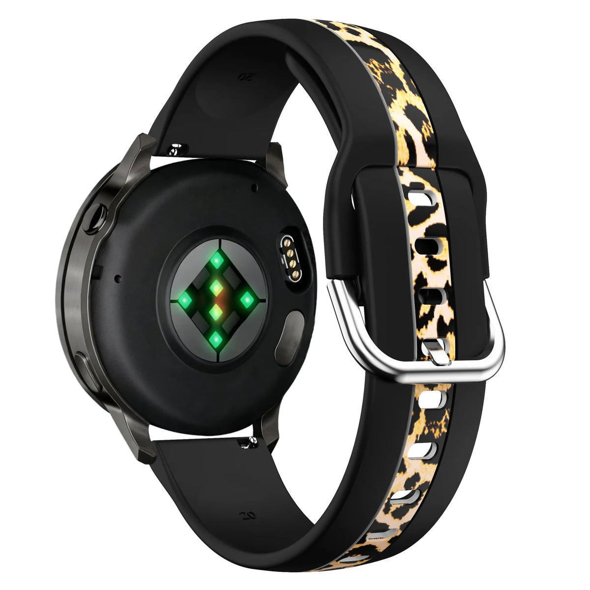 Silicone Dual Leopard Strap, black, on a watch, 3/4 rear view