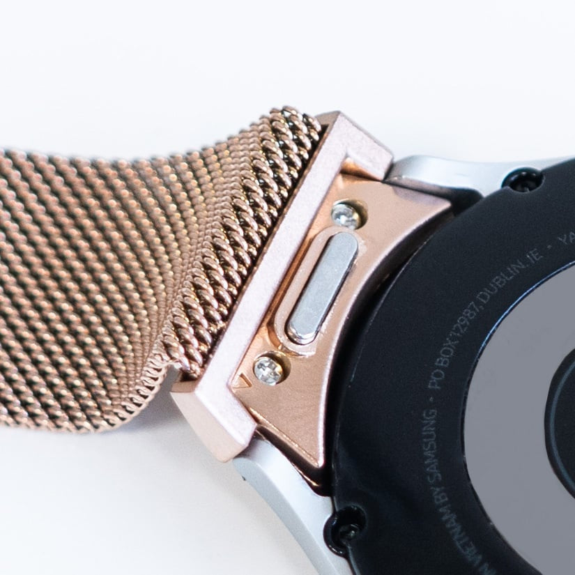 Milanese Strap 'One Push', rose gold, on a watch, 3/4 rear view