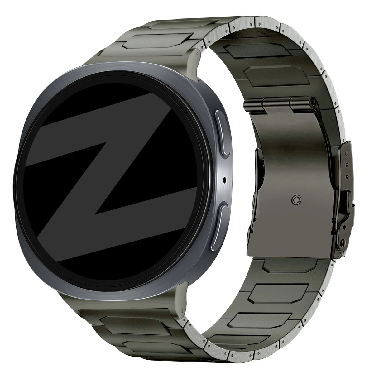 Titanium Strap 'Deluxe', graphite, on a watch, 3/4 rear view