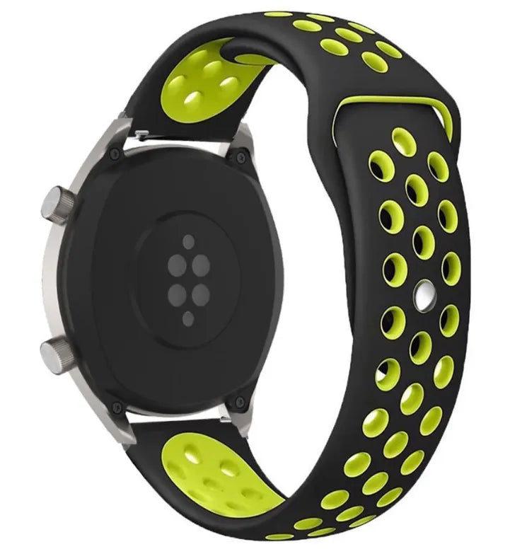 Silicone Sport Strap, black/yellow, on a watch, 3/4 rear view