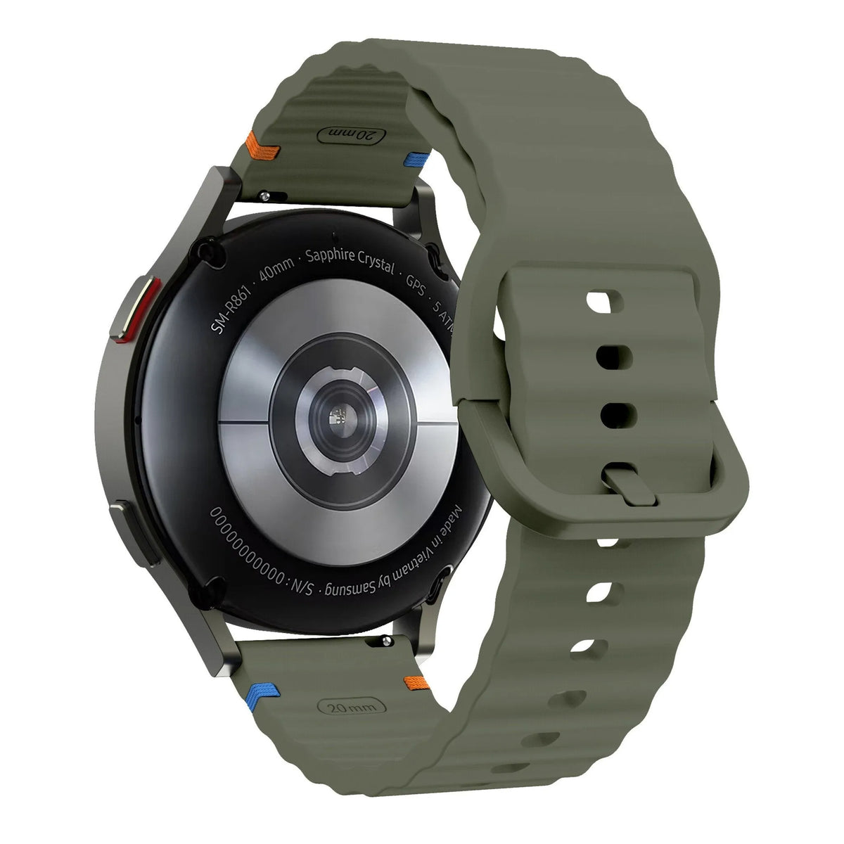 Wave Silicone Strap, army green, on a watch, 3/4 rear view