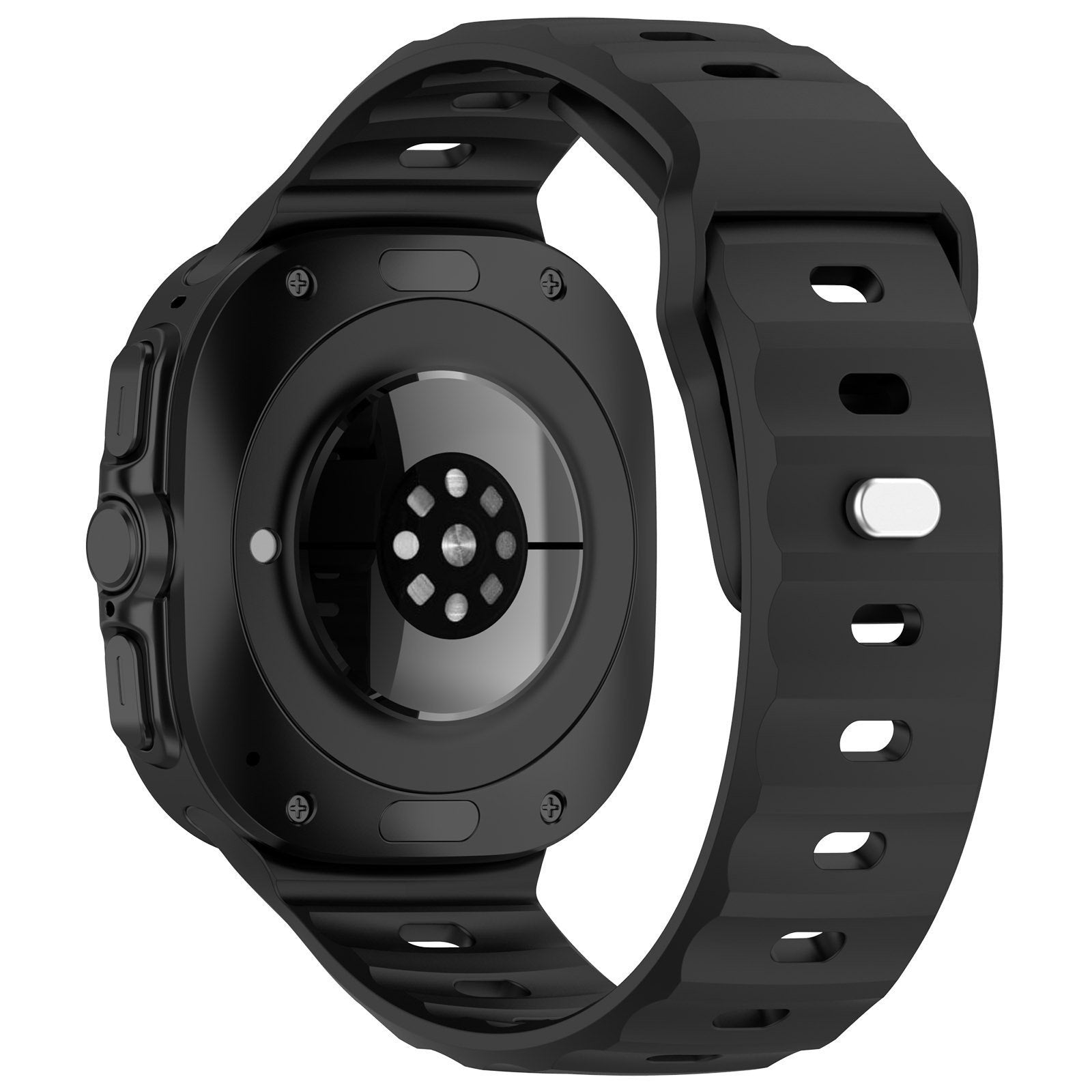 Outdoor Silicone Strap, black, on a watch, 3/4 rear view