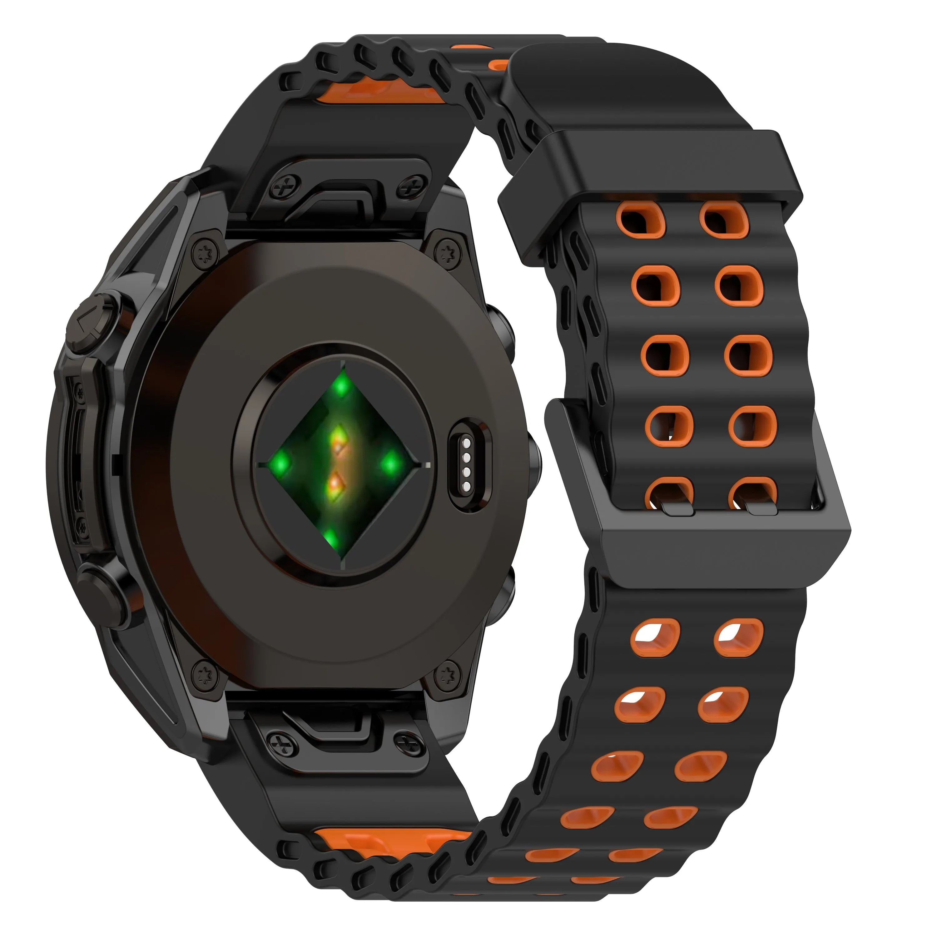 Silicone Wave Sport Strap, black/orange, on a watch, 3/4 rear view
