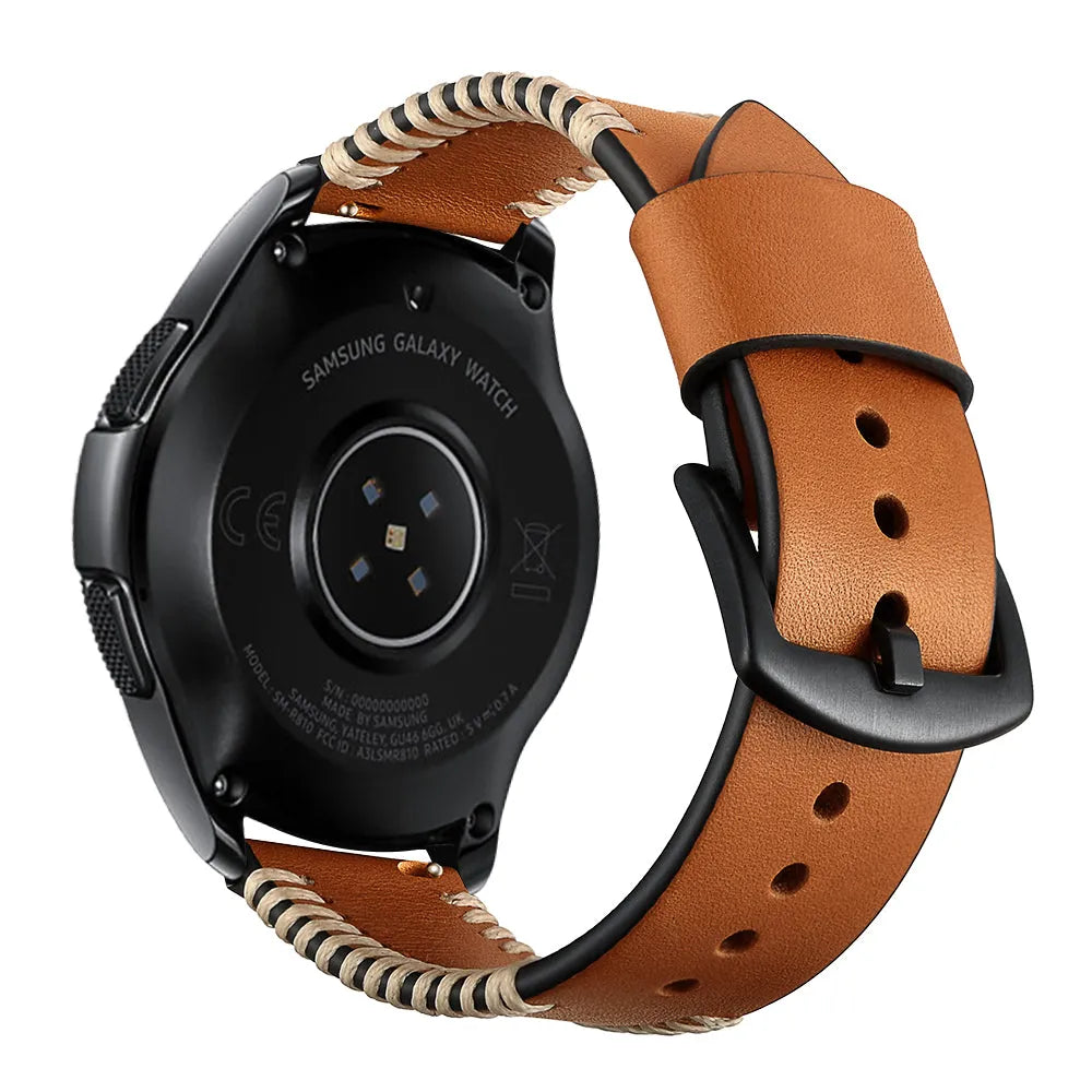 Stitched Leather Strap, brown, on a watch, 3/4 rear view