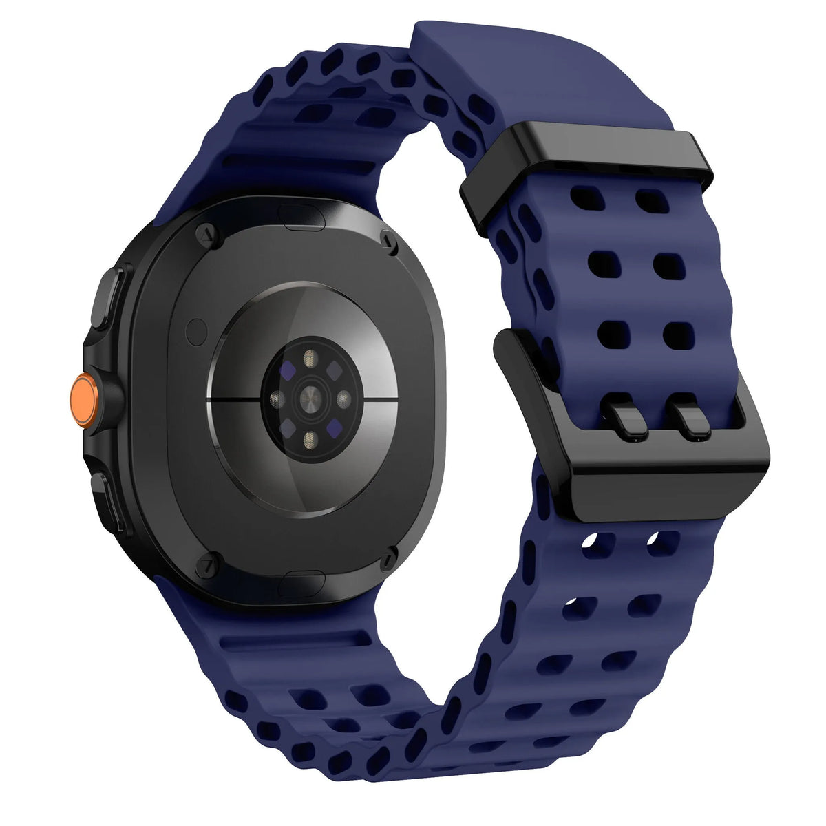 Silicone Ocean Strap, dark blue, on a watch, 3/4 rear view