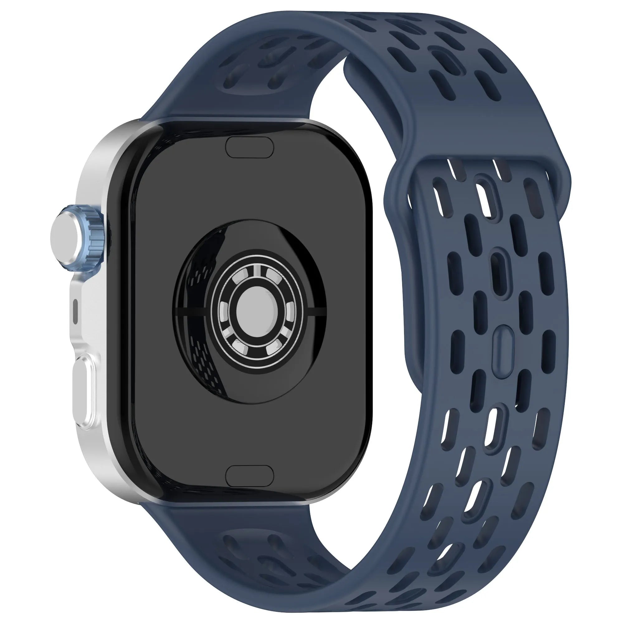 Silicone Air Strap, dark blue, on a watch, 3/4 rear view