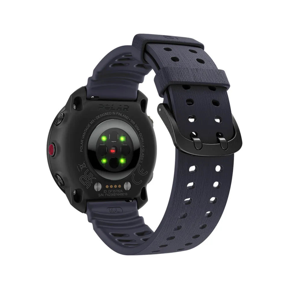 Silicone Grain Strap, dark blue, on a watch, 3/4 rear view