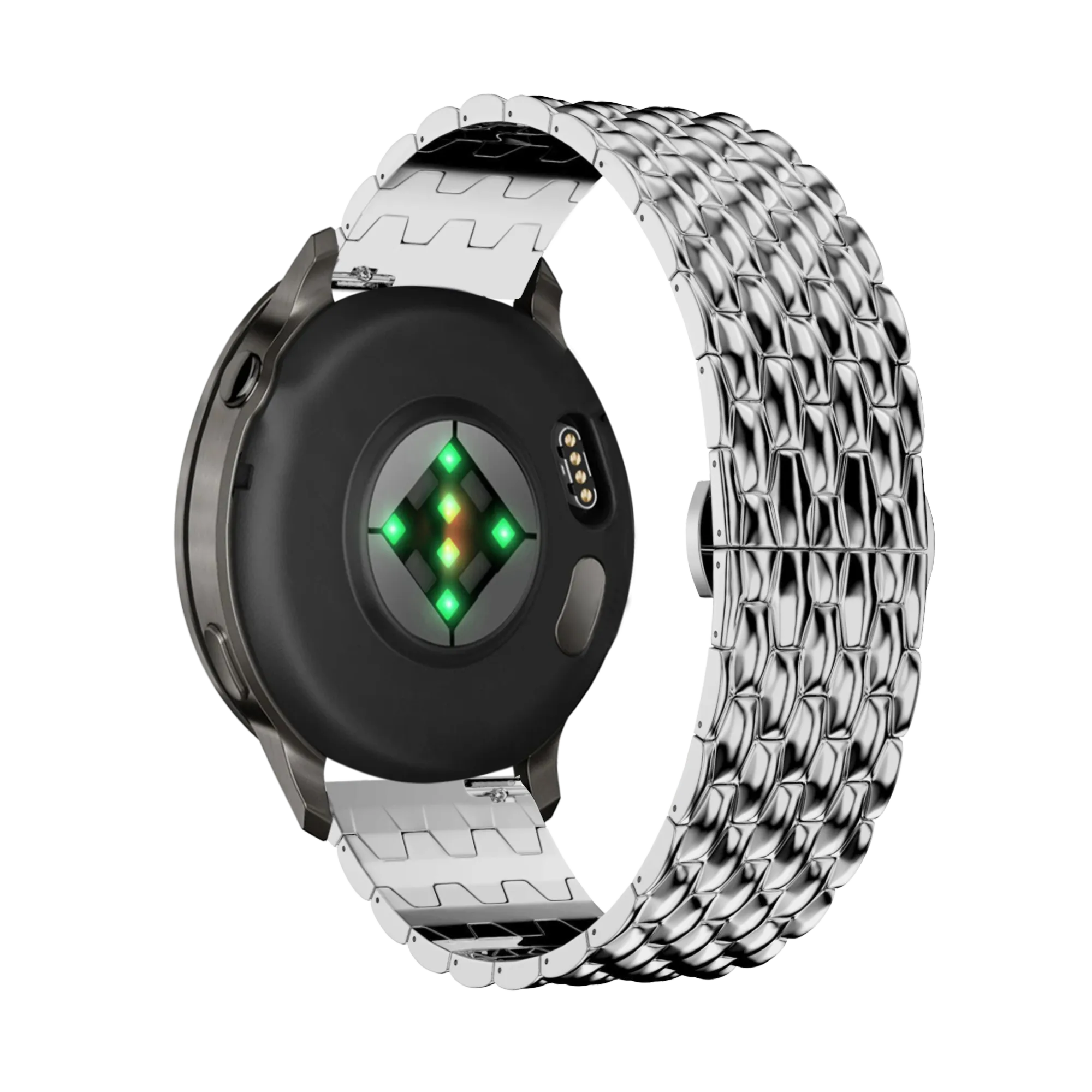 Steel Strap 'Dragon', silver, on a watch, 3/4 rear view