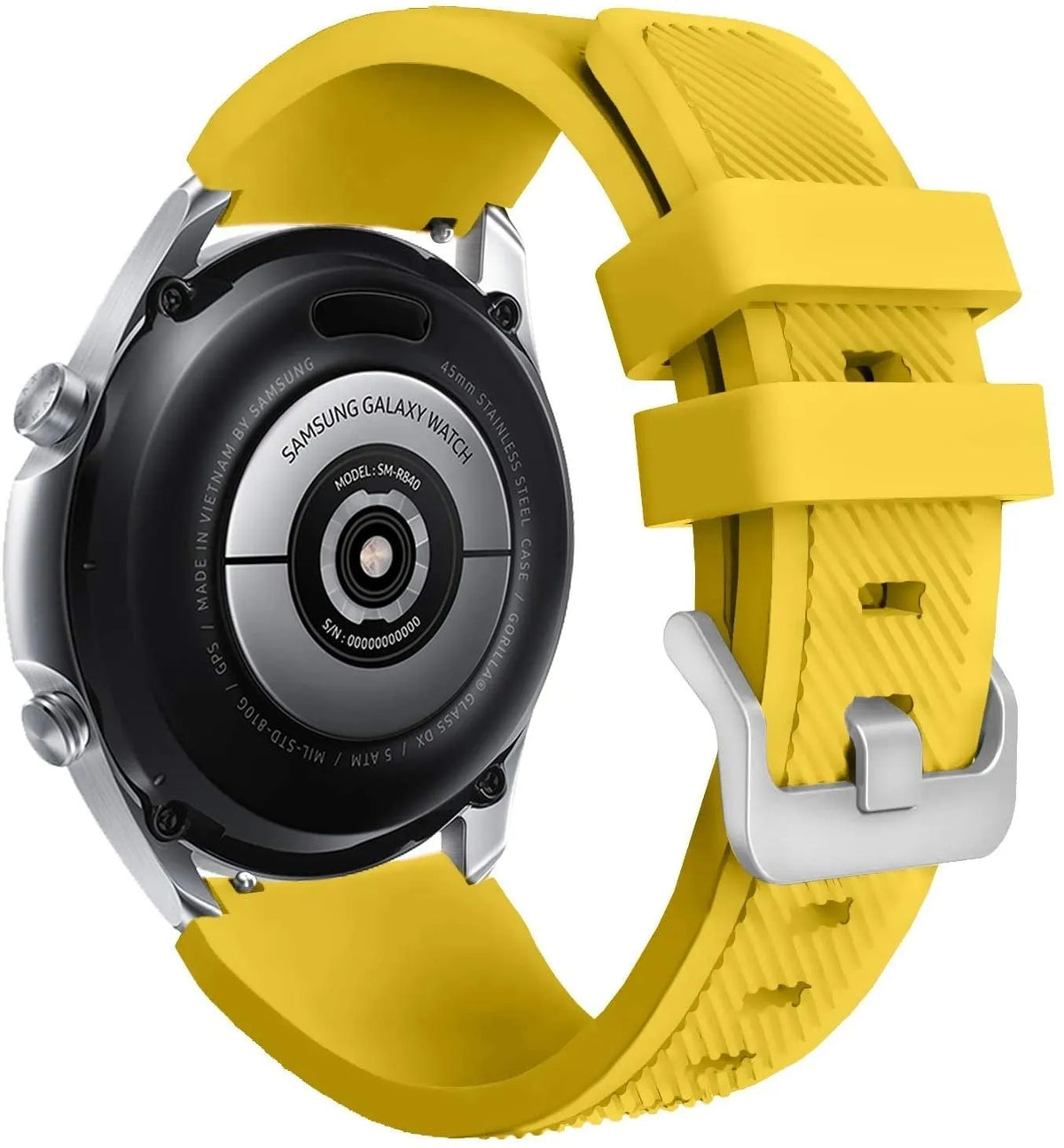 Twill Silicone Strap, yellow, on a watch, 3/4 rear view