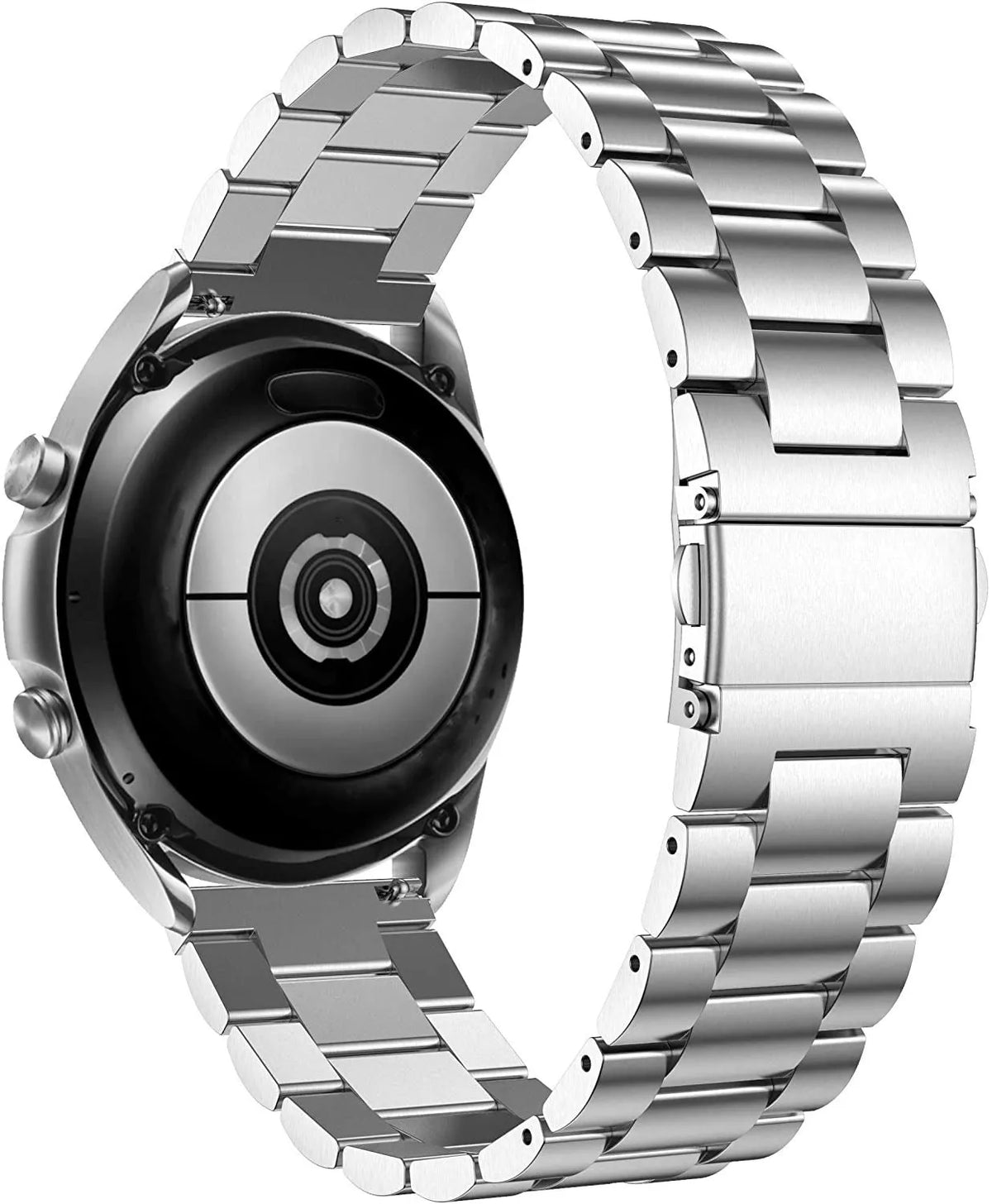 Steel Strap, silver, on a watch, 3/4 rear view