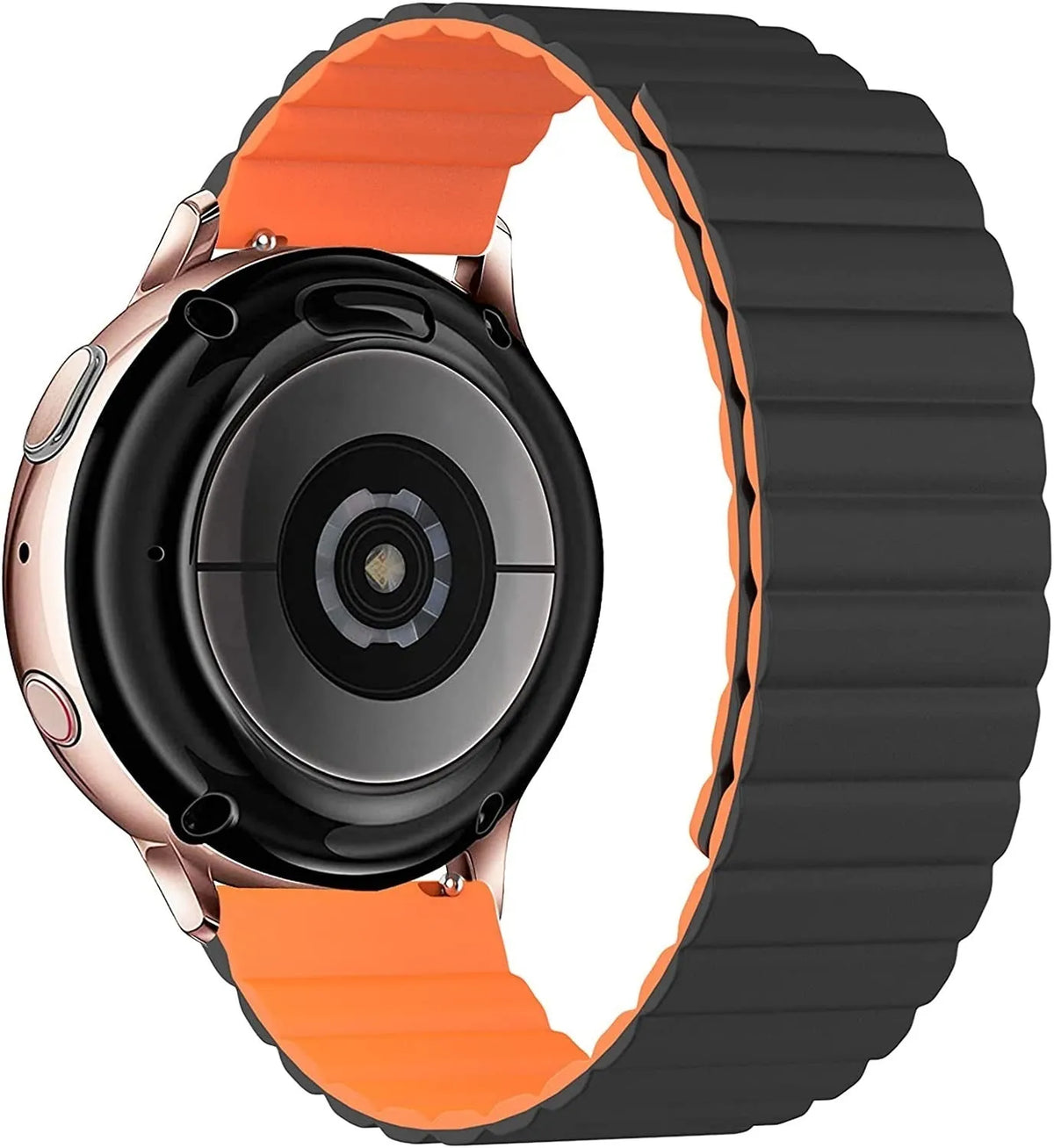 Magnetic Silicone Strap, black/orange, on a watch, 3/4 rear view