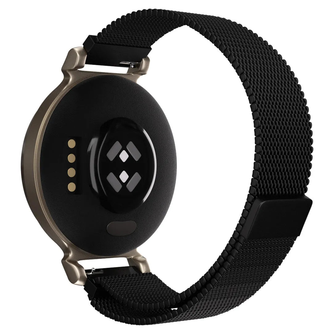 Milanese Strap, black, on a watch, 3/4 rear view