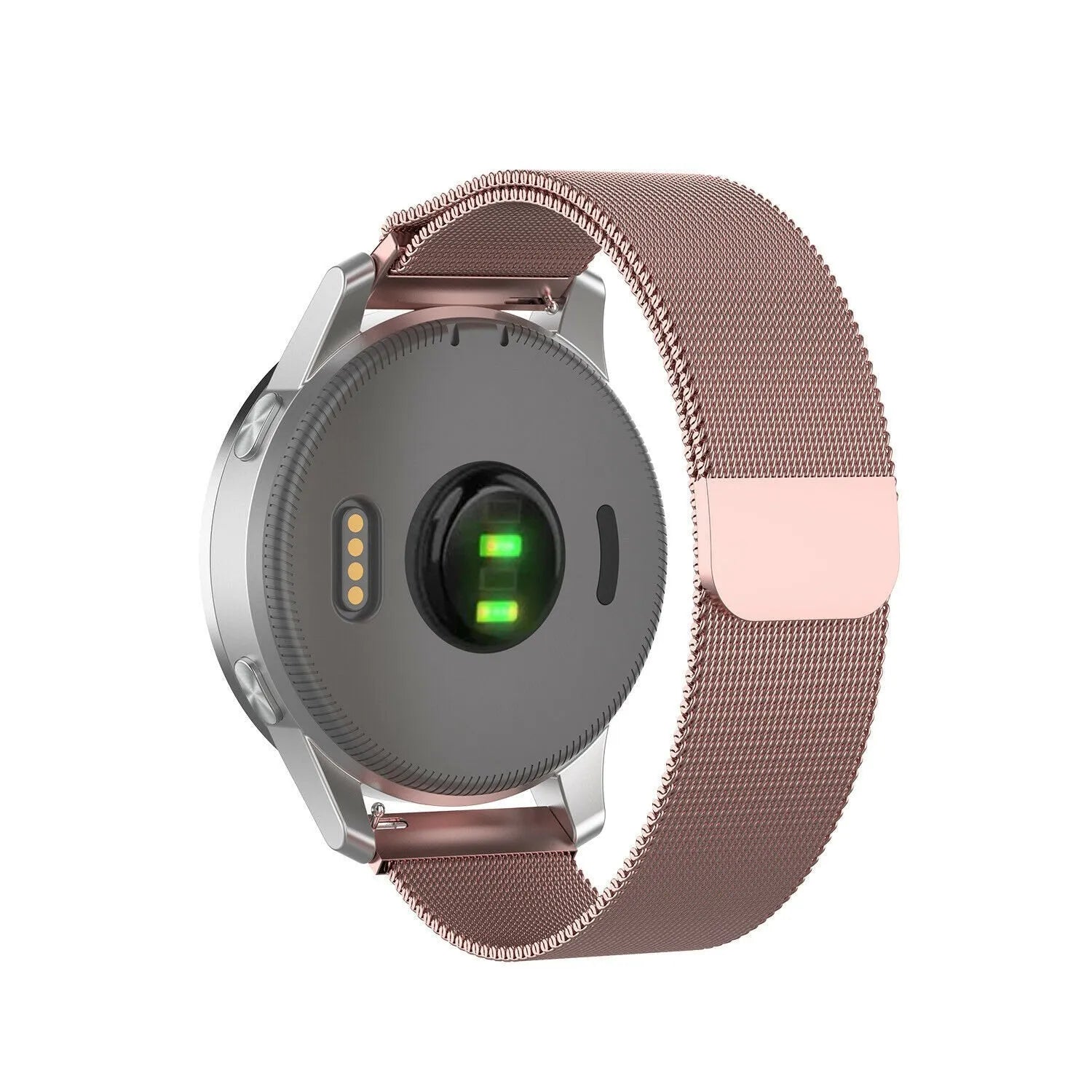 Milanese Strap, pink, on a watch, 3/4 rear view