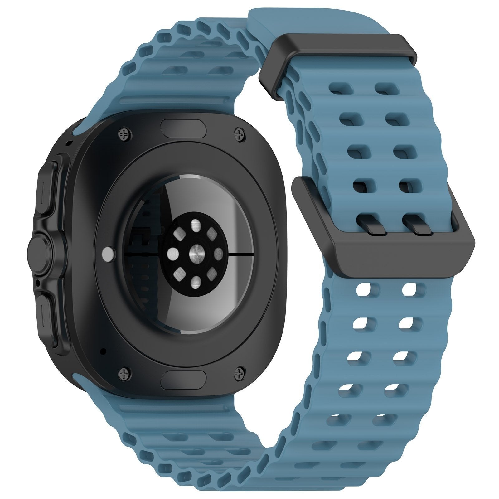 Silicone Ocean Strap, grey-blue, on a watch, 3/4 rear view