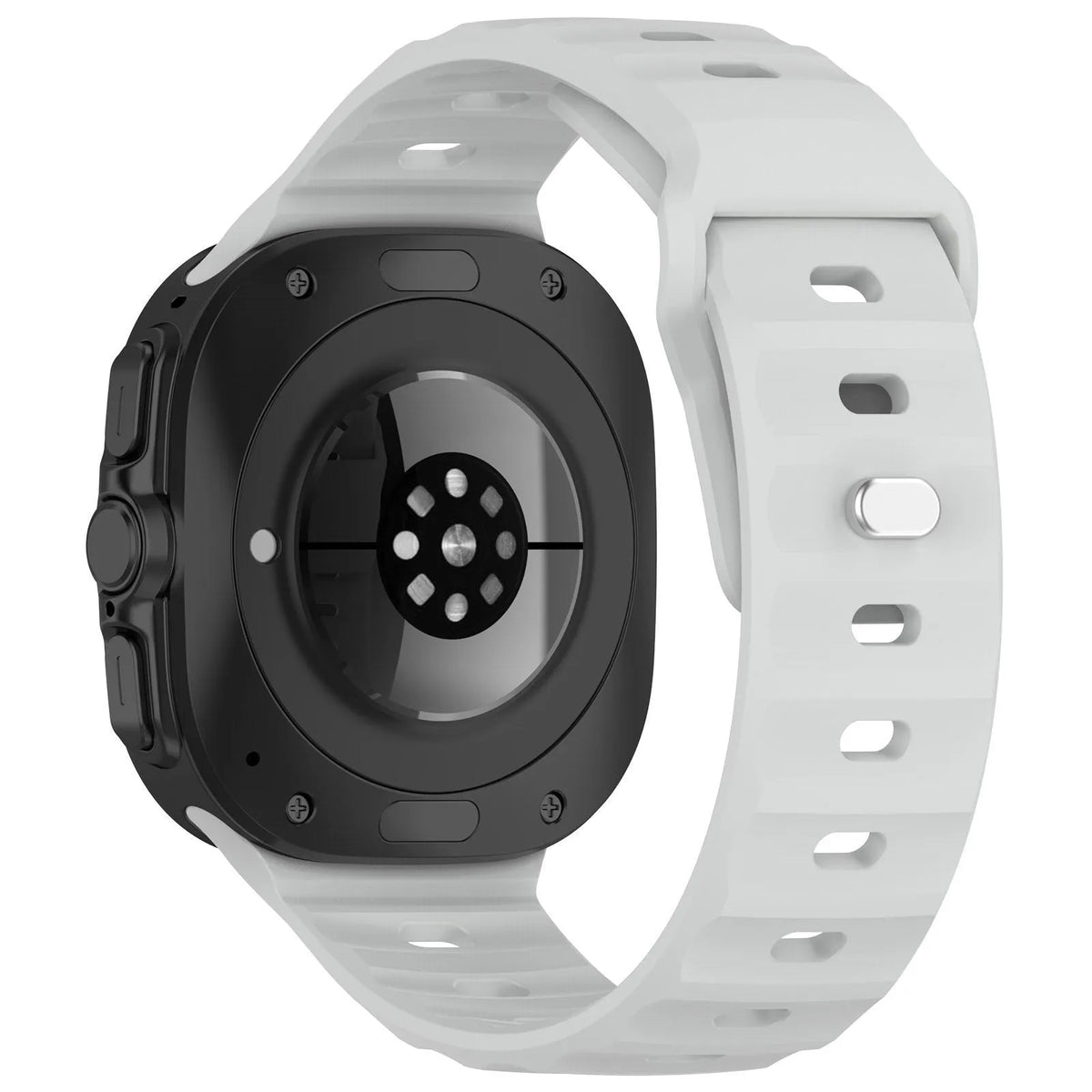 Outdoor Silicone Strap, grey, on a watch, 3/4 rear view